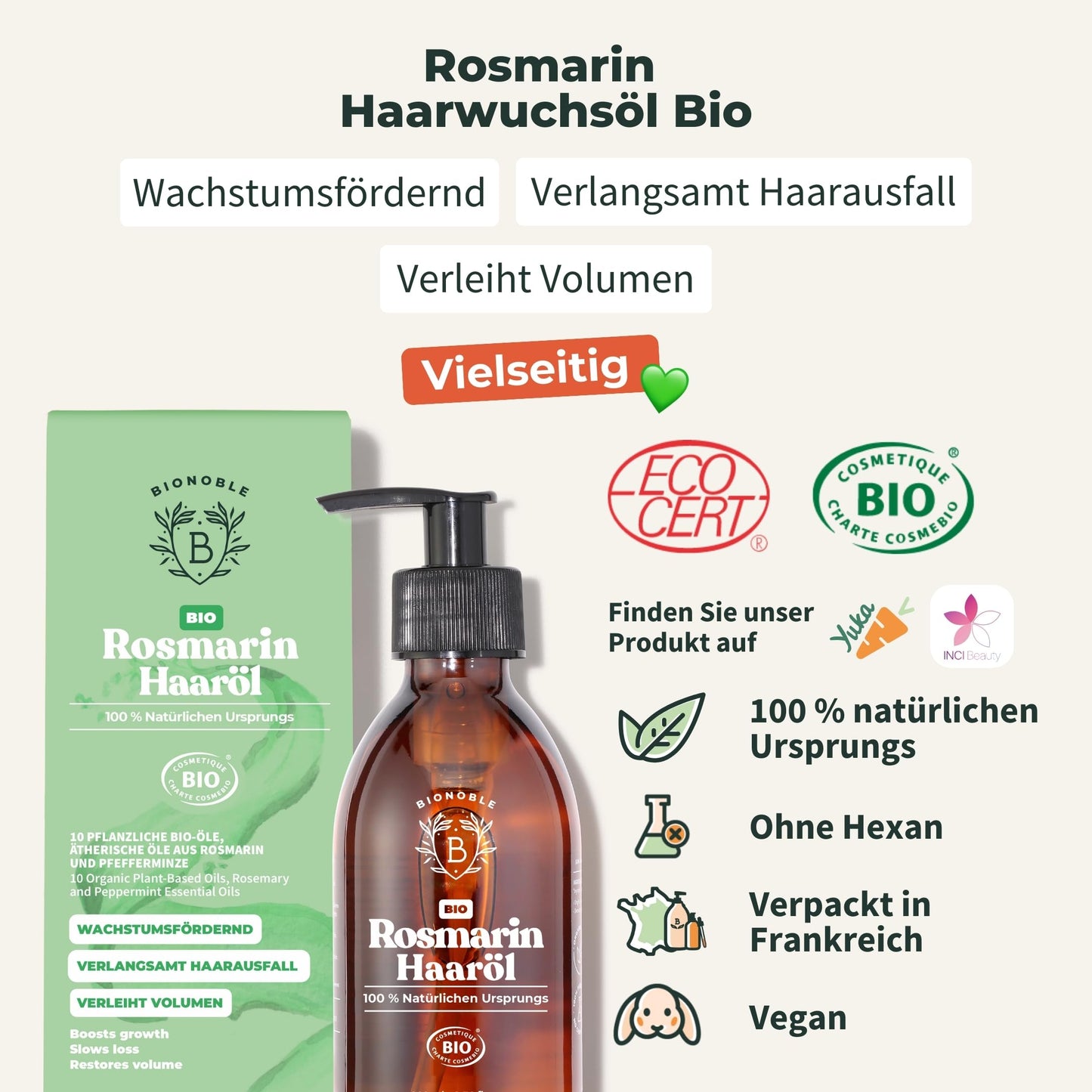 BIONOBLE Rosemary Oil Hair Organic - Promotes Hair Growth, Slows Hair Loss, Scalp Oil - Hair Oil with Rosemary Oil and Castor Oil - Rosemary Oil for Hair Growth - Glass Bottle with Pump - 200ml - France