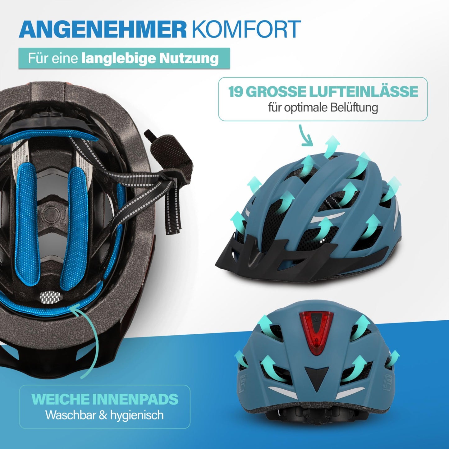 FISCHER adult bicycle helmet, city helmet Urban Plus Chicago, S/M, 52-59 cm, blue, with integrated LED rear light - 50633