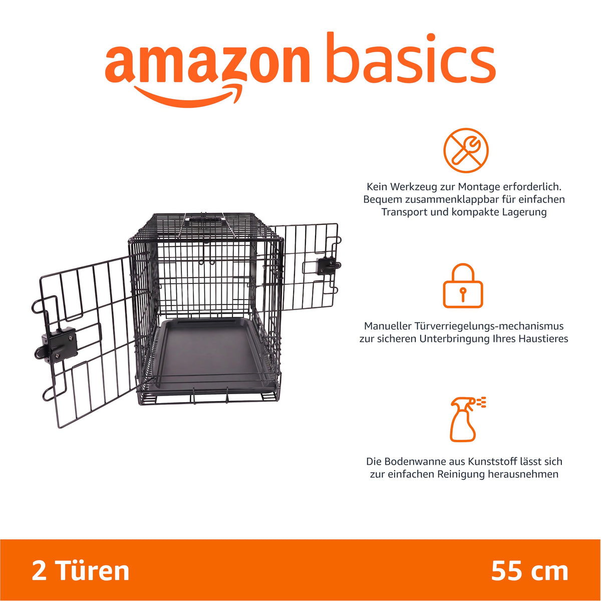 Amazon Basics Foldable Dog Crate made of Metal Wire with Floor Tray, Double Door, Foldable, Removable Bottom, 56 cm, L 56 x W 33 x H 41 cm, Black - 9001N-22B