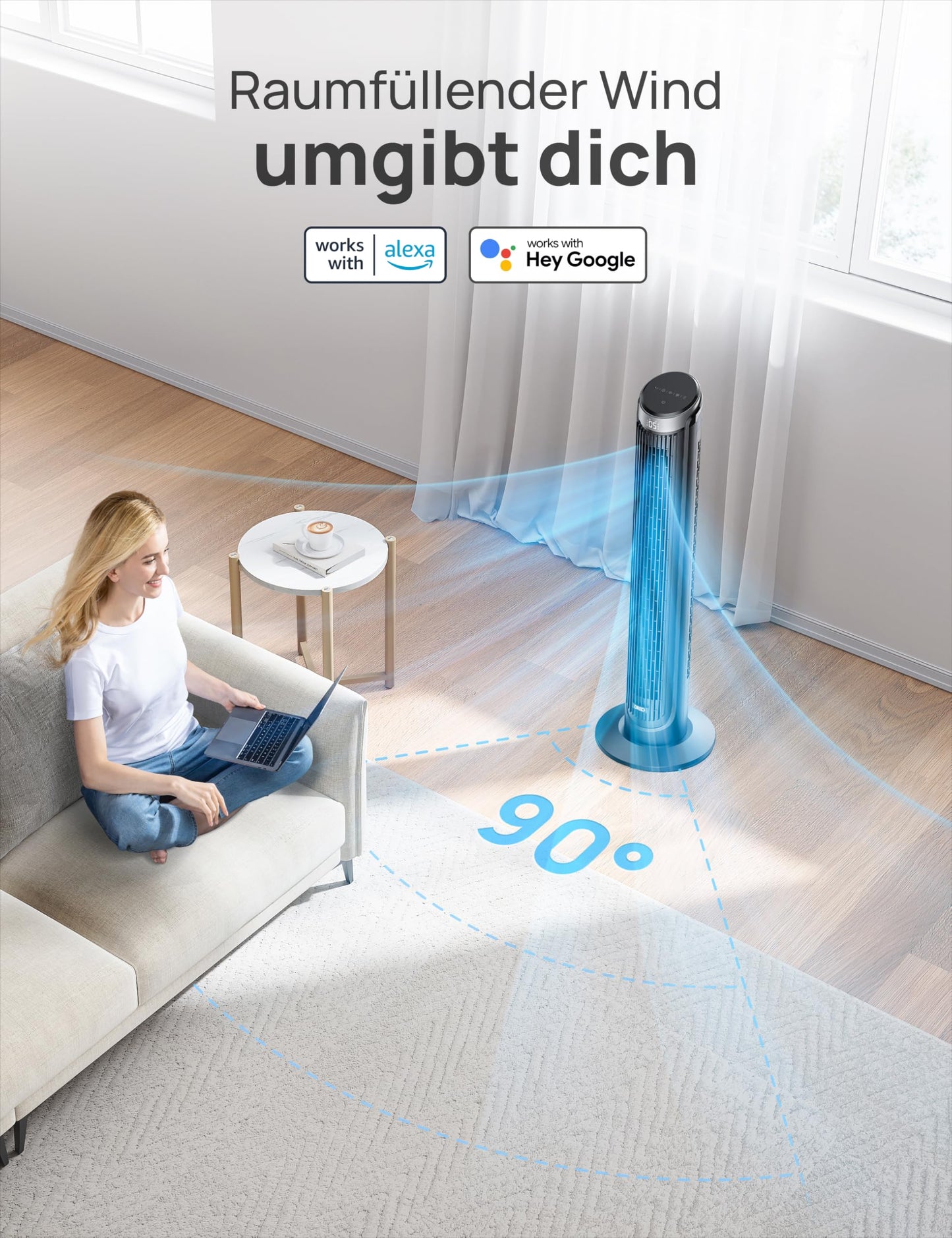 DREO Smart Tower Fan  7.9 m/s Speed, 5 Levels, 4 Modes, Touch/Remote Control/App & Voice Control, Alexa, 12H Timer, Silver - DR-HTF008S