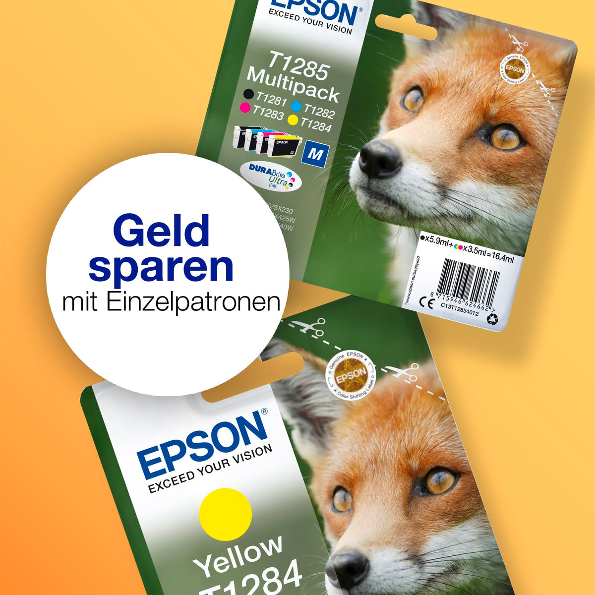 Epson Original Fuchs DURABrite T1282 Multipack EasyMail Ink Cartridge, reduced plastic packaging – 4 colors: Cartridges: Black, Cyan, Magenta, Yellow – 1 x 5.9 ml, 3 x 3.5 ml - C13T12854511