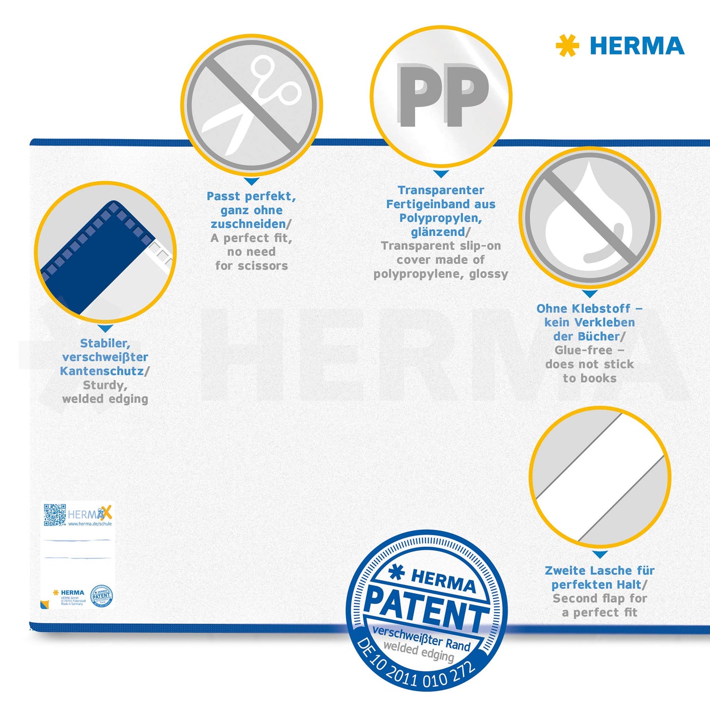 HERMA 7267 book covers 26.7 x 54 cm HERMÄX Classic, 20 pieces, book covers with label and edge protection made of wipeable polypropylene film, book protector set for school books, transparent