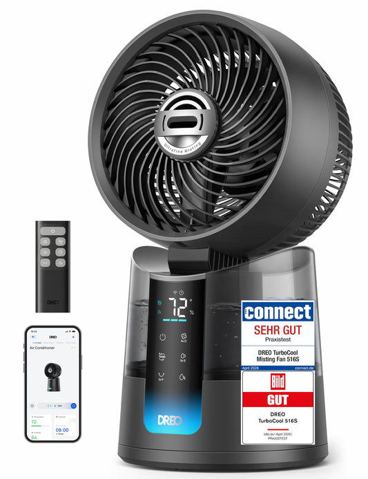 DREO TurboCool Mist Fan 516S, table fan with 150°+30° oscillation, evaporative cooler, 7.9 m/s, ultra-fine mist, 20 dB quiet, 6 speeds, 2 modes, app & remote control, RGB, gray - DR-HEC006S