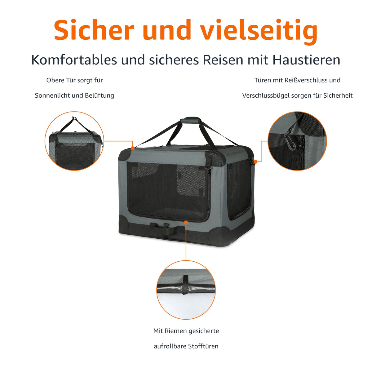 Amazon Basics Portable, Foldable Travel Crate with Soft Sides and 4 Doors, Size L, for Cats, Dogs, Rabbits, and Other Small Animals, Gray, L 91 x W 61 x H 61 cm - 12002N-36-APL