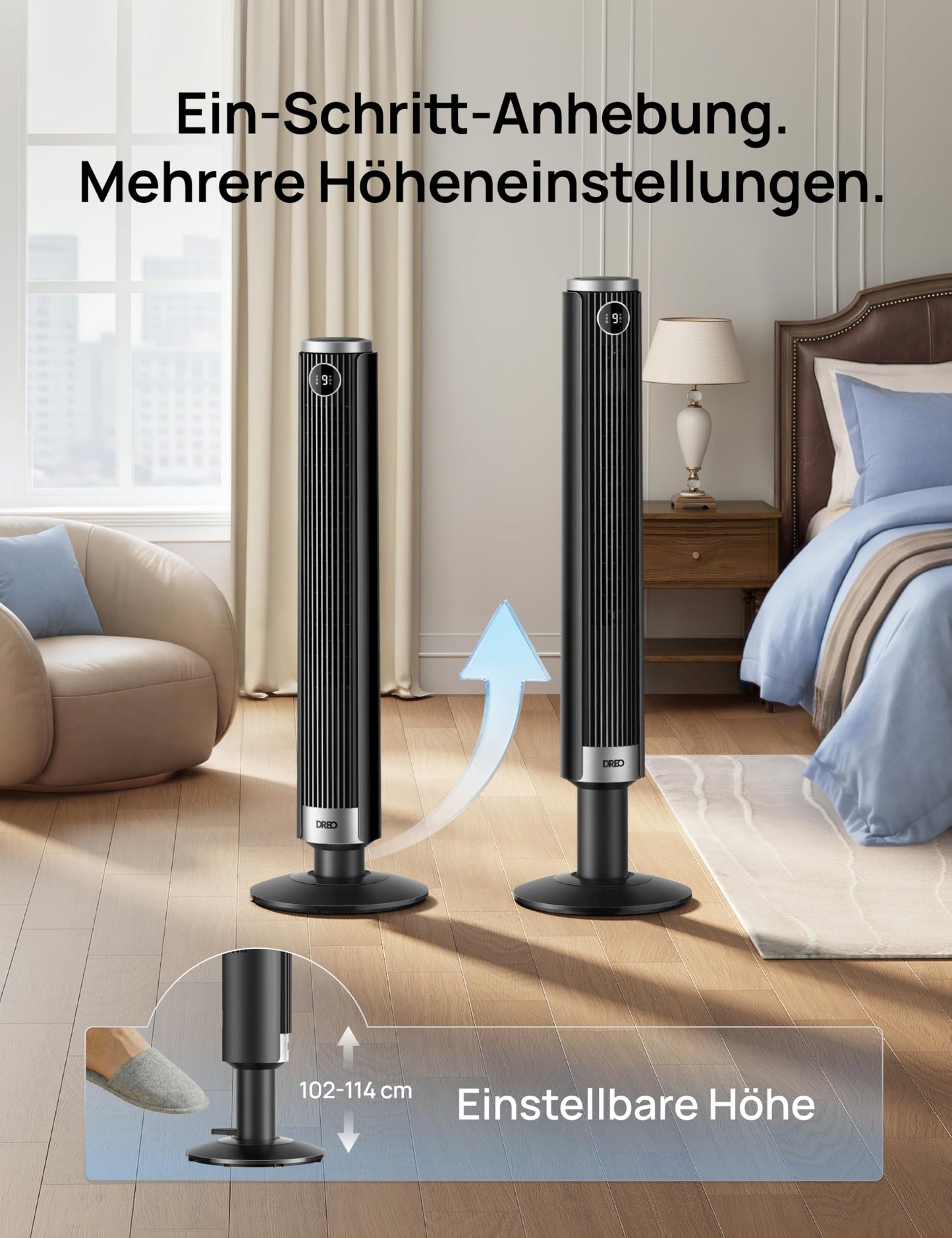 DREO Smart 102-114cm tower fan for bedroom, height adjustable, 8.4m/s, DC motor, 9 levels, 4 modes, 90° oscillation, pedestal fan, 20dB quiet, 12H timer for home and office, Google/Alexa - DR-HTF024S