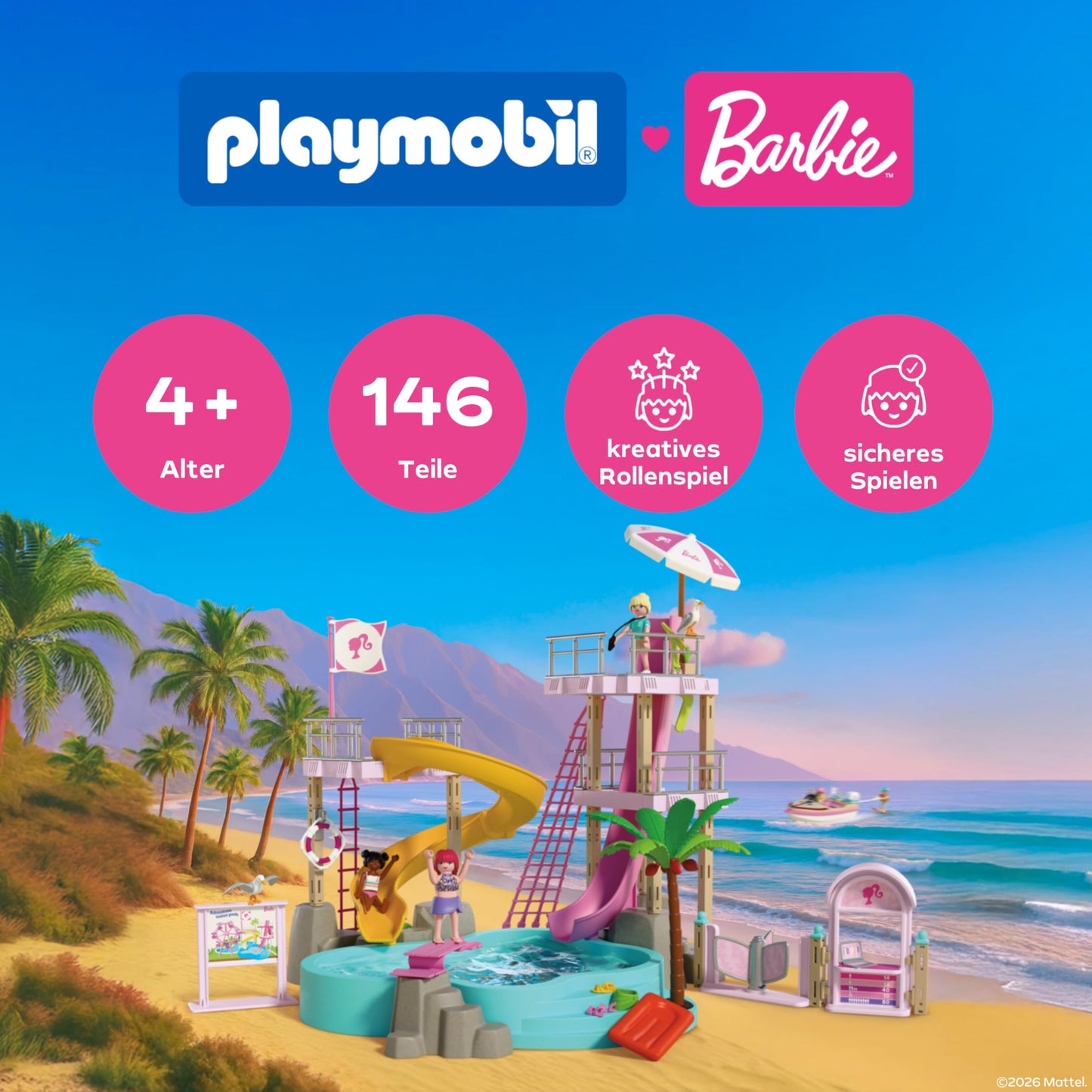 PLAYMOBIL | Barbie | Water park | Summer Adventures with Barbie Nikki & Daisy | Large water park that can be filled with real water Incl. slides & pool | Malibu summer dreams for children aged 4 and up | 72120