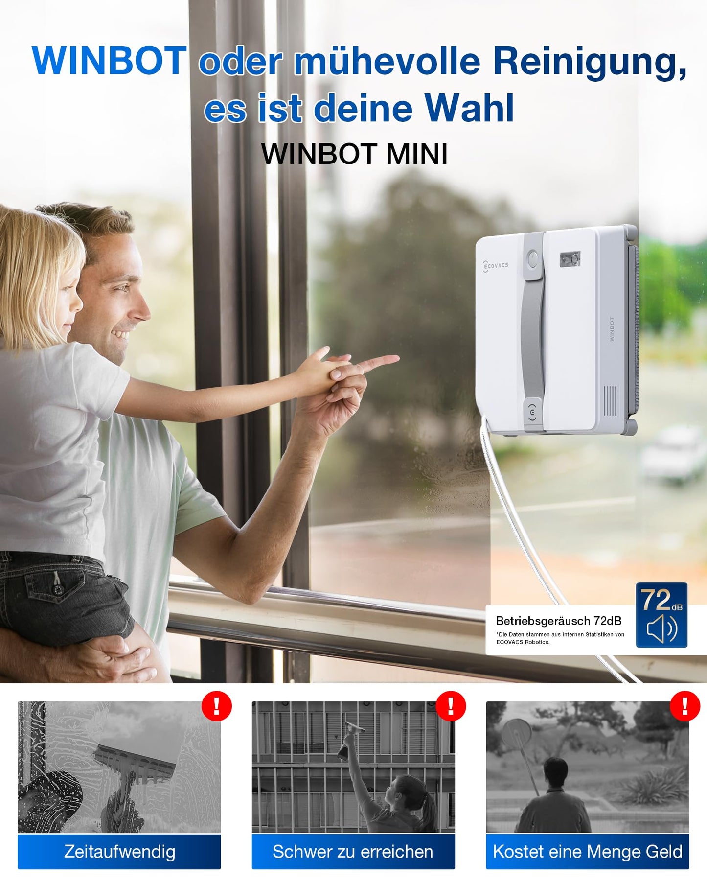 ECOVACS WINBOT MINI window cleaning robot, compact design, double nozzles with ultrasonic atomization, 9-level protection system, intelligent path planning, 4 cleaning modes, anti-slip system, white