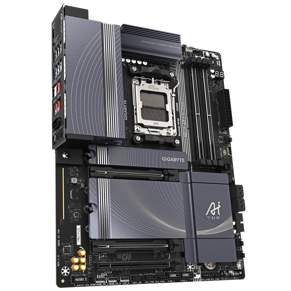 GIGABYTE B850 AI TOP Motherboard - Compatible with AMD Ryzen 9000 Series CPUs, featuring a 16+2+2 Phase Digital VRM, supports up to 8600MHz DDR5 (OC), 2xPCIe 5.0 + 1xPCIe 4.0 M.2, 10 GbE LAN, WiFi 7, USB 3.2 Gen 2x2.