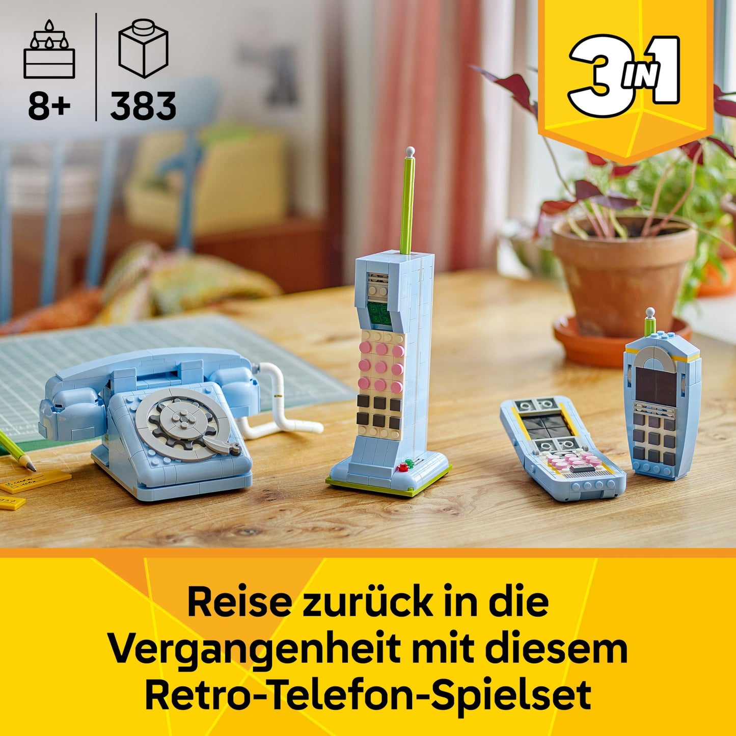LEGO Creator 3in1 Retro Telephone Toy with Rotary Dial - Transforms into a 1980s Model or 2 Mobile Phones from the 2000s - Creative Gift for 8+ Year Old Girls & Boys - 31174