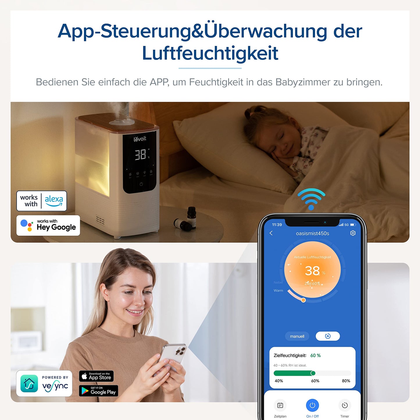 Levoit Smart humidifier for large rooms, top-fill humidifier, warm & cold mist max 550 ml/h, up to 40㎡, quiet room humidifier with night light for plants, auto shut-off, 4.5 L, moon white - LUH-O451S-WUK