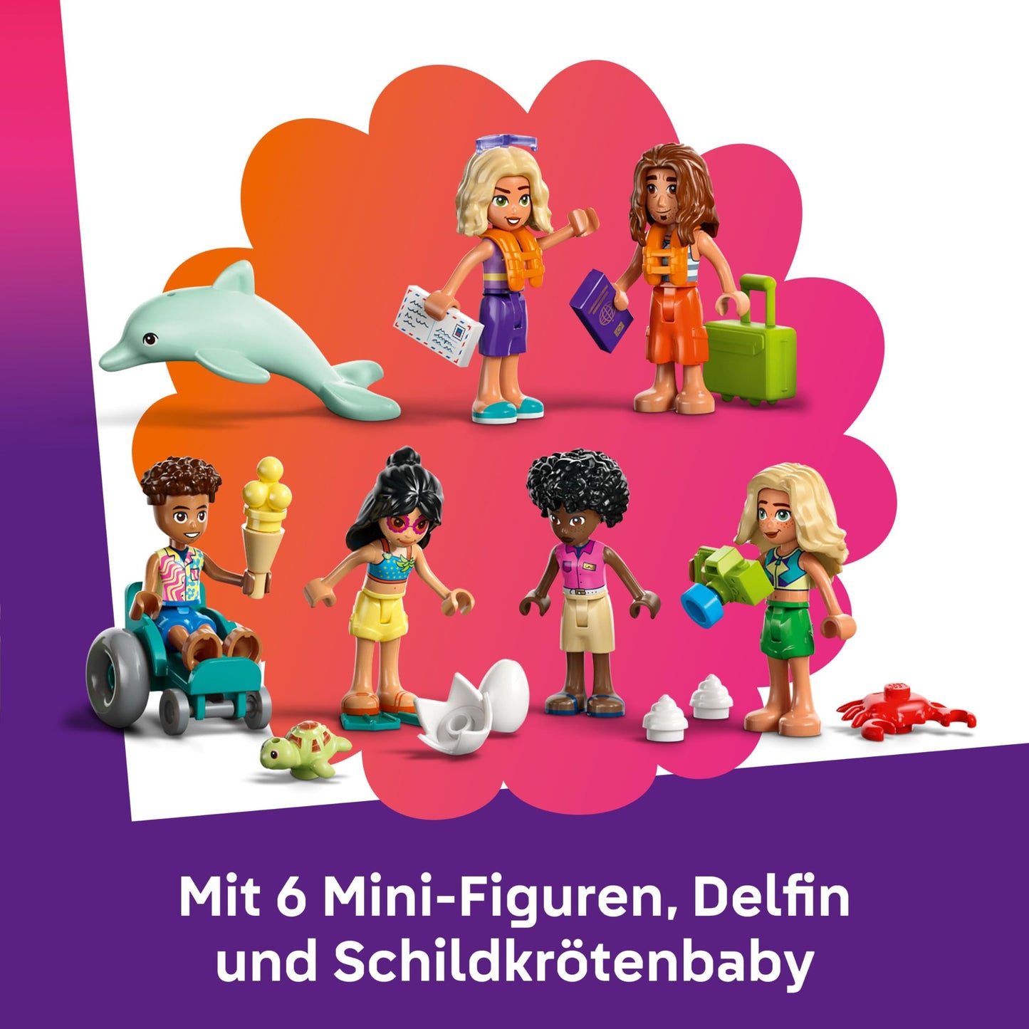 LEGO Friends Family Vacation at the Beach Resort - Toy with 6 mini-dolls, turtle and dolphin figures, ice cream parlor and accessories - Children's gift for girls aged 8 and up - 42673