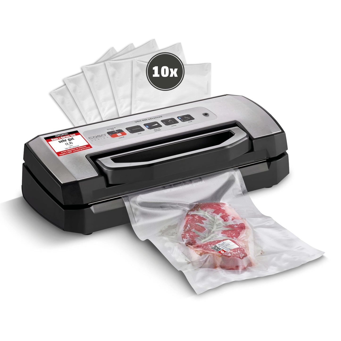 CASO VRH 490 advanced vacuum sealer, test result Very Good film welding machine, up to 100 vacuum sealing processes non-stop, removable vacuum chamber, incl. 10 professional film bags - 1525