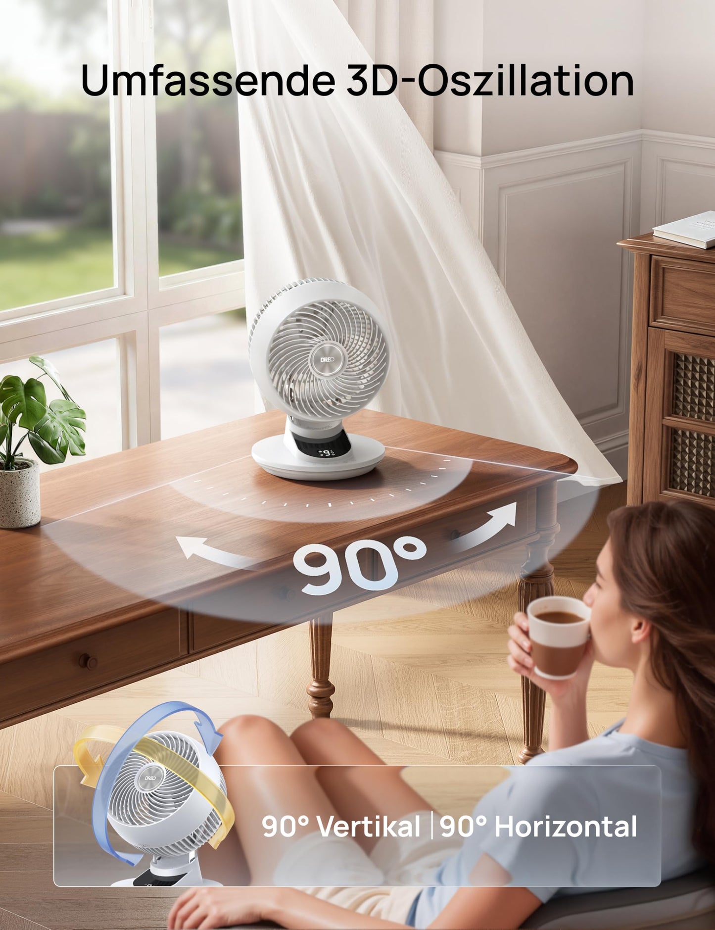 DREO 3D table fan, very quiet 22 dB, small fan with remote control, 8.8 m/s strong airflow, 90° oscillation, app & voice control, 9 levels, 8/12h timer for bedroom & office - DR-HAF008