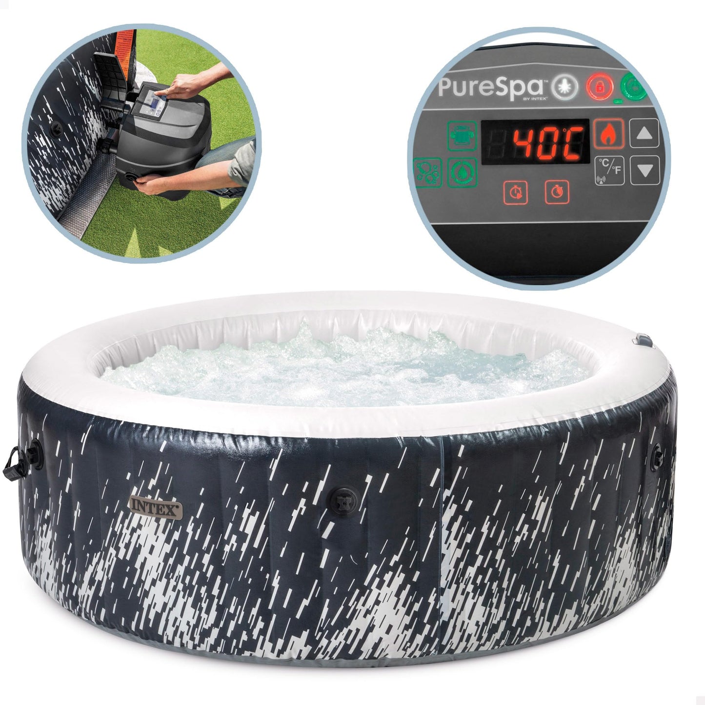 INTEX PureSPA Bubble Glow Deluxe inflatable indoor & outdoor whirlpool for 4 people with ambient light (196x71cm) water softening & salt water system - 140 massage jets - 2200 W heating system (28494NP)
