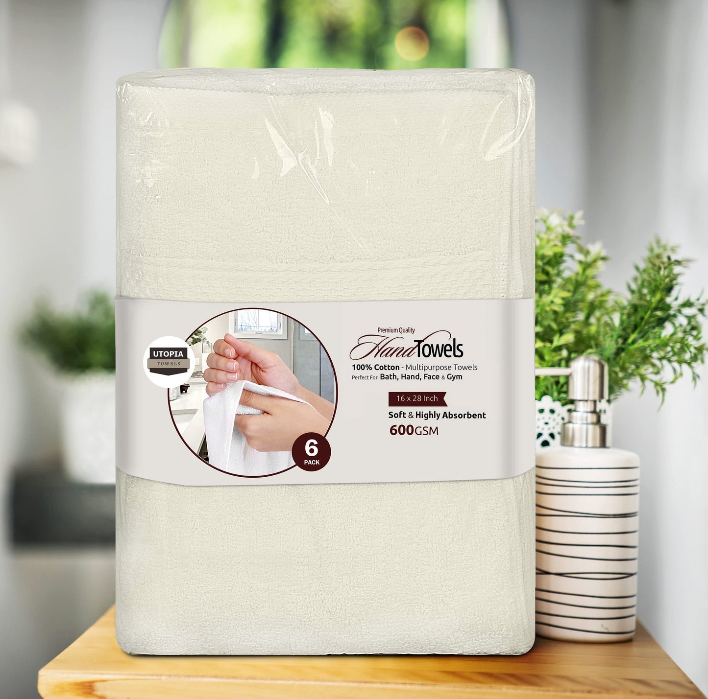 Utopia Towels, Premium Towel Set, 100% Ringspun Cotton, Ultra Soft and Highly Absorbent, 600gsm, for Bathroom, Gym, Shower, Hotel and Spa, 16" x 28", Ivory White, 6 - UT0901