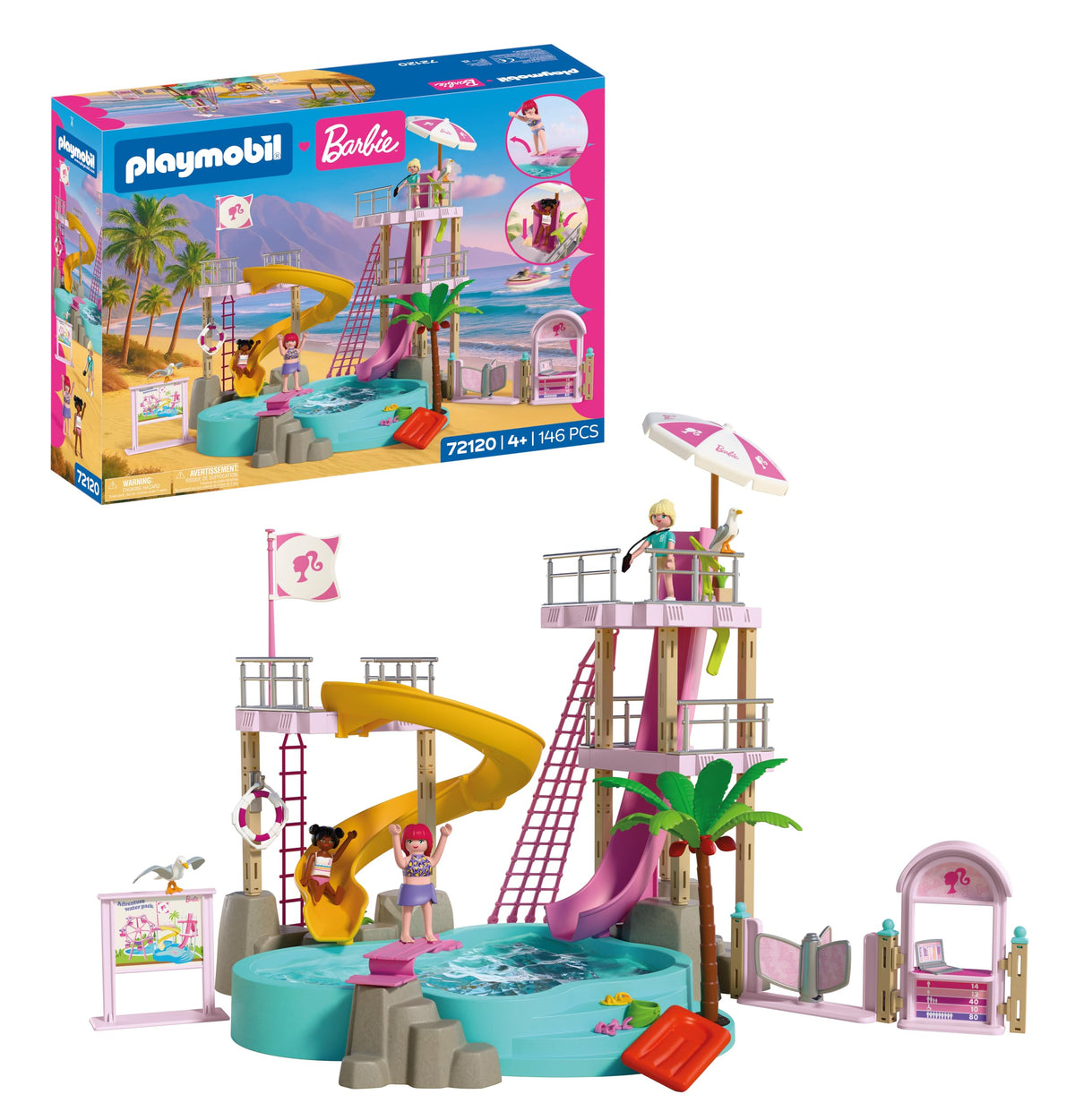 PLAYMOBIL | Barbie | Water park | Summer Adventures with Barbie Nikki & Daisy | Large water park that can be filled with real water Incl. slides & pool | Malibu summer dreams for children aged 4 and up | 72120