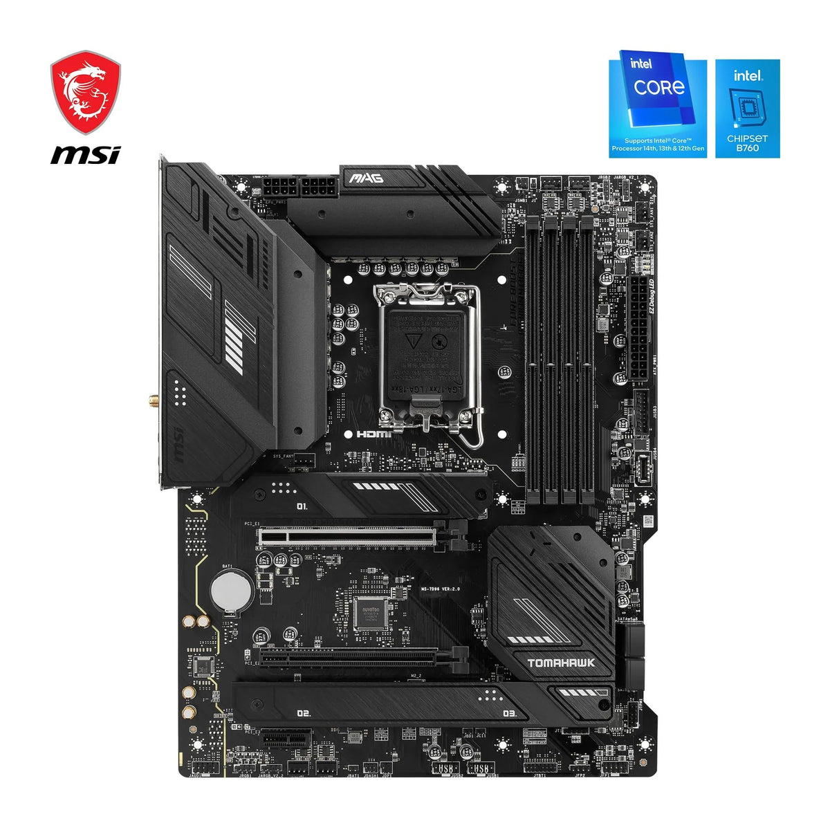 MSI MAG B760 Tomahawk WiFi Placă de bază, ATX - Suportă procesoare Intel Core din generațiile 12, 13 și 14, LGA 1700-75A DrMOS VRM, DDR5 Memory Boost 7000+MHz/OC, PCIe 5.0 x16, M.2 Gen4, Wi-Fi 6E - 7D96-003R