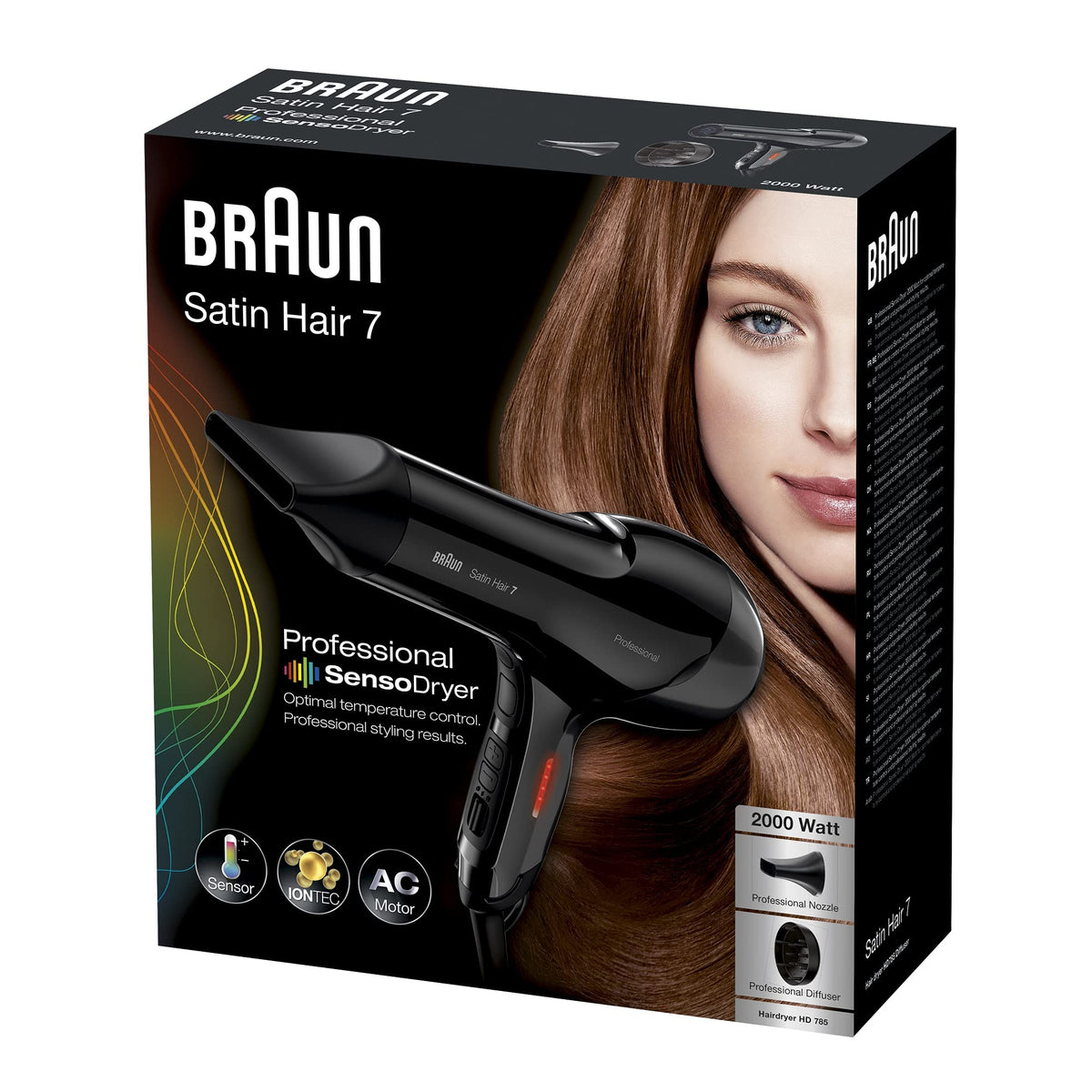 Braun Satin Hair 7 SensoDryer Hair Dryer, professional hair dryer with thermosensor, IonTec and diffuser, HD785, black