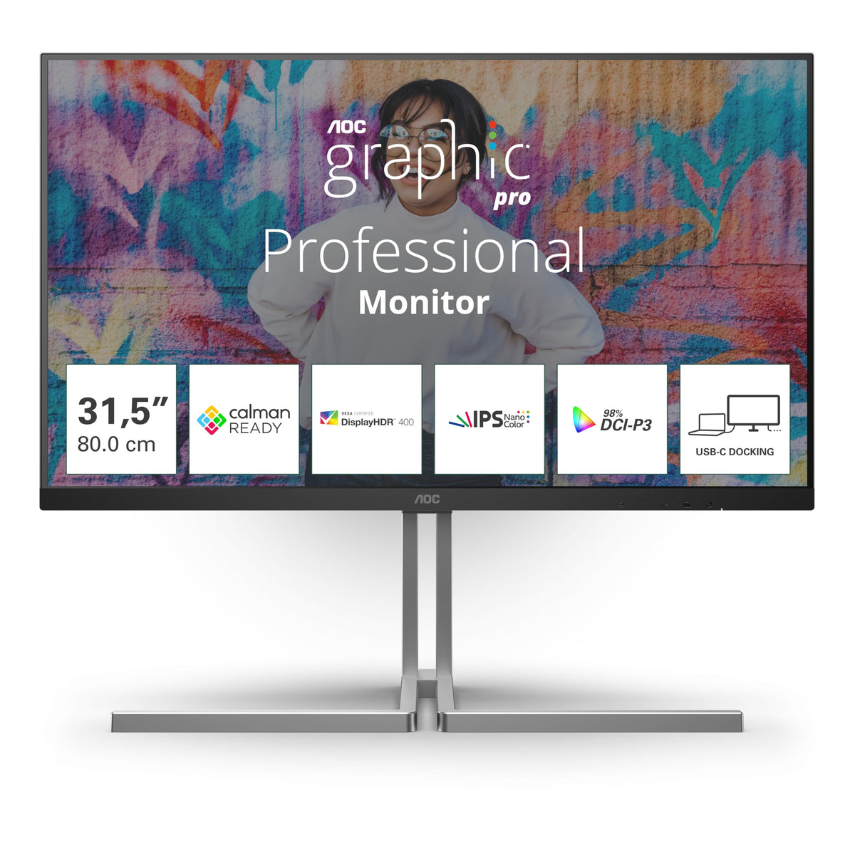 AOC U32U3CV Monitor de 32 inch UHD cu hub USB, 60Hz, panou Nano IPS, 4ms GtG, VESA HDR400, ajustare pe înălțime, difuzoare, (3840x2160 HDMI 2X 2.0 DP 1x 1.4) Negru/Silver
