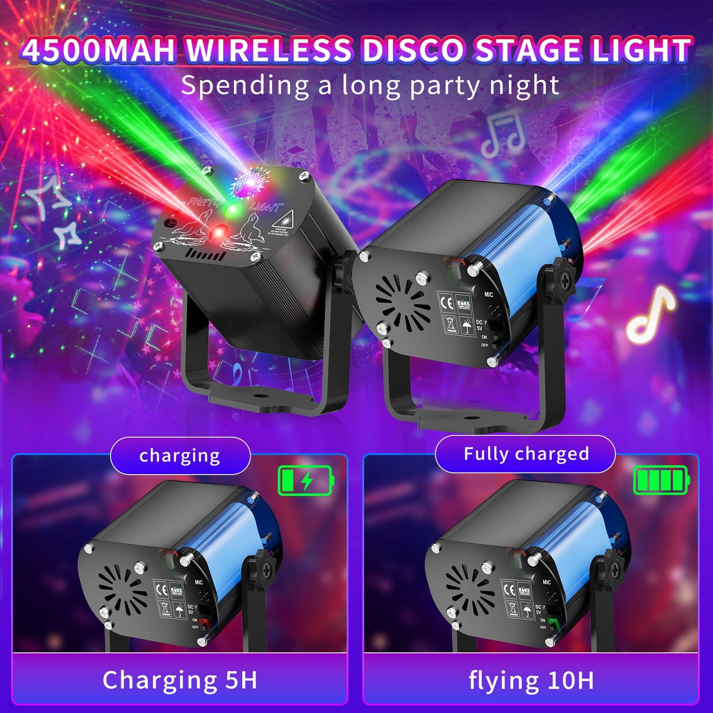 Tyonto Wireless Disco Ball Party Light 4500 mAh Battery Music Controlled Disco Light Party Light 60 Different Patterns Strobe Effect with Remote Control and 2M USB (Battery Version, Black) - 60-BT