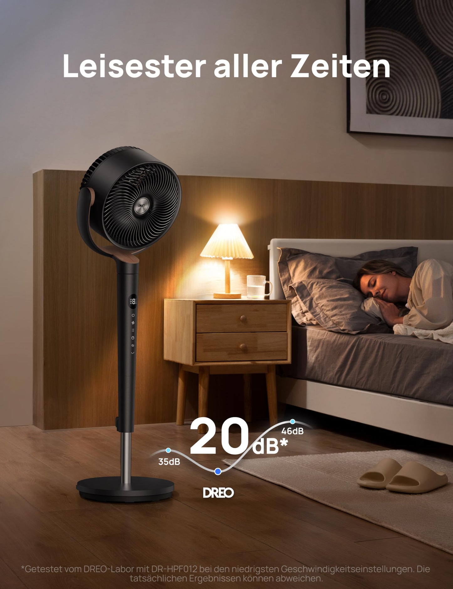DREO pedestal fan very quiet, large fan with remote control, 20dB silent fan with DC motor, 120° oscillating, 4 modes, 94-107cm height adjustable, floor fan, TurboPoly™ Fan 512