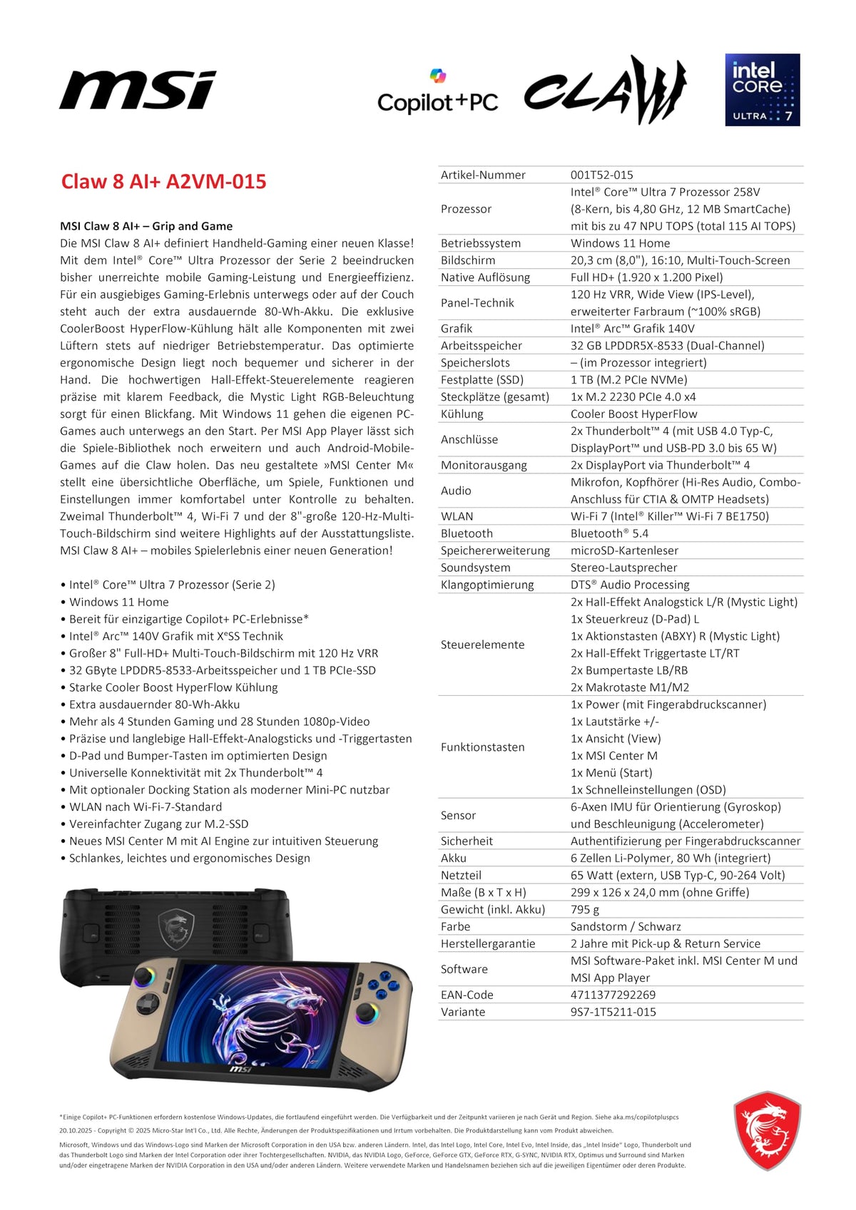 MSI Claw 8 AI+ Gaming Handheld, display FHD+ de 8 inch, 120 Hz, procesor Intel Core Ultra 7 258V, 32 GB RAM, 1 TB SSD, grafică Intel Arc, Windows 11 Home, negru/Storm de nisip, A2VM-015 - 001T52-015
