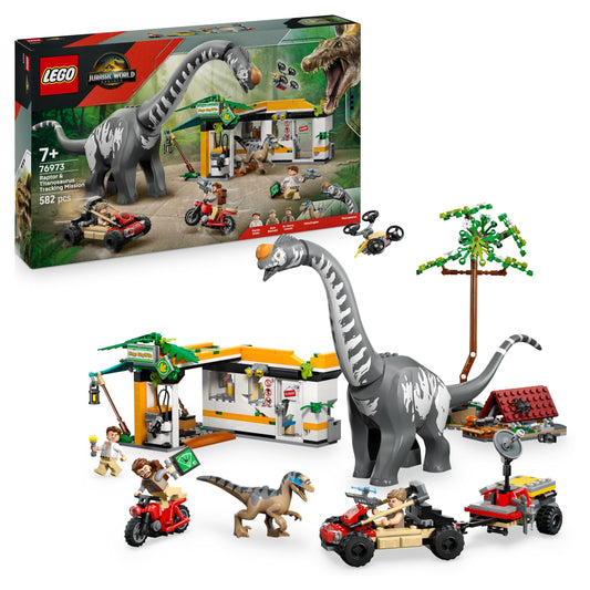 LEGO Jurassic World Raptor & Titanosaurus: Great Tracking - 2 toy dinosaur figures, an off-road vehicle, a motorcycle and 3 minifigures - gift for boys and girls aged 7 and up - 76973