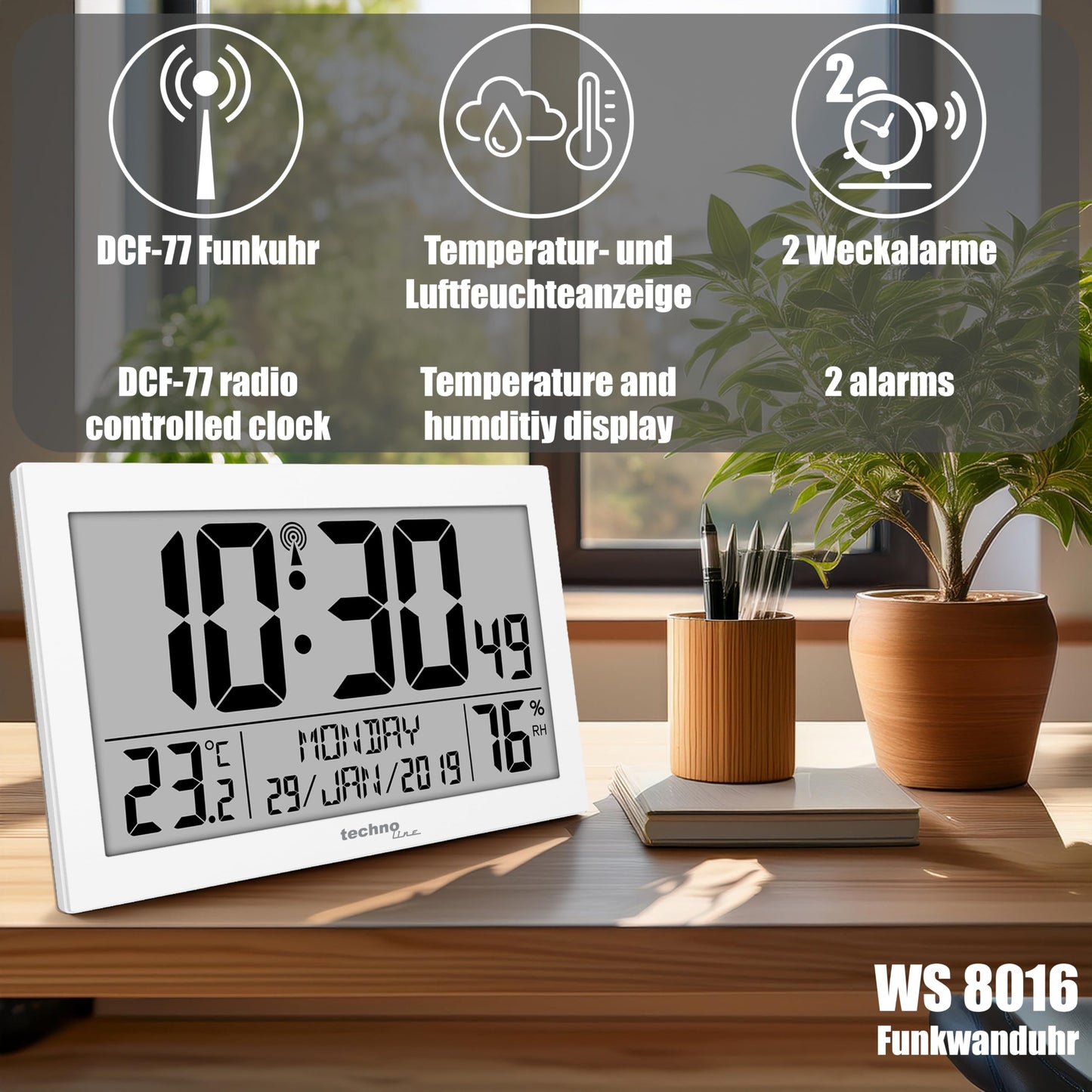 Technoline WS 8016 digital radio wall clock with DCF radio clock | Temperature & Humidity | 2 alarms | calendar | large LCD display | Wall or table clock | white - WS8016WEISS