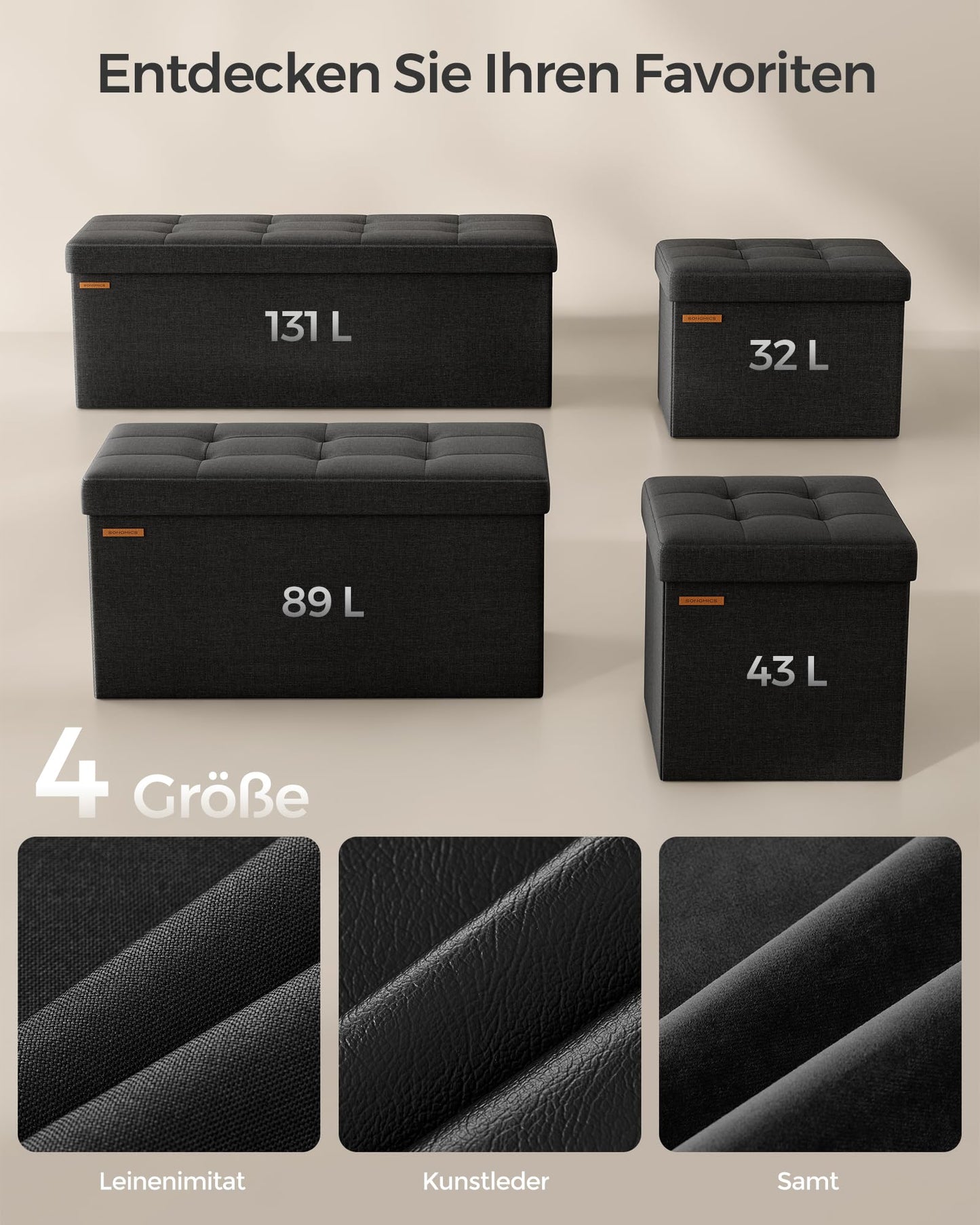SONGMICS Stool with storage space, folding bench, 38 x 110 x 38 cm footstool, storage box, loads up to 300 kg, for living room, bedroom, hallway, ink black LSF077B01