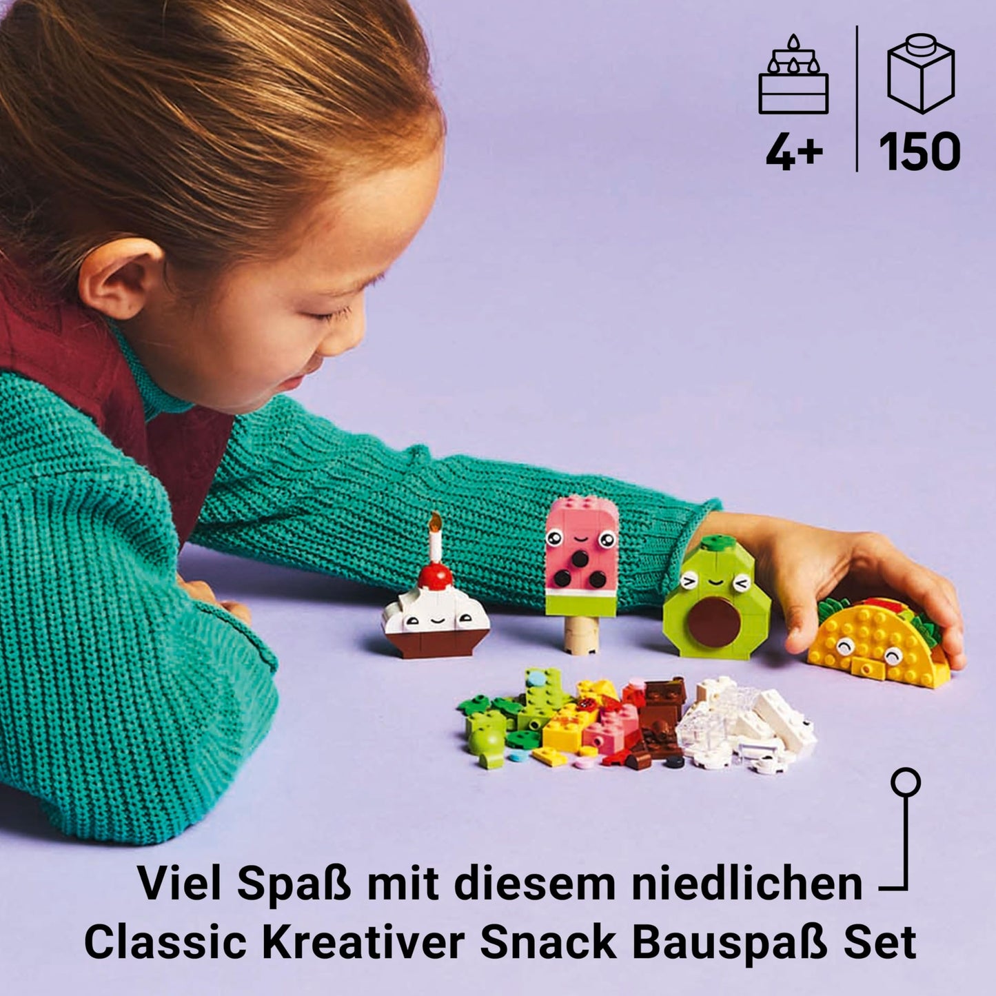 LEGO Classic Creative Snack building fun, toy with food for imaginative role play, building set for boys and girls aged 4 and up, cupcake, avocado, popsicle and taco 11039