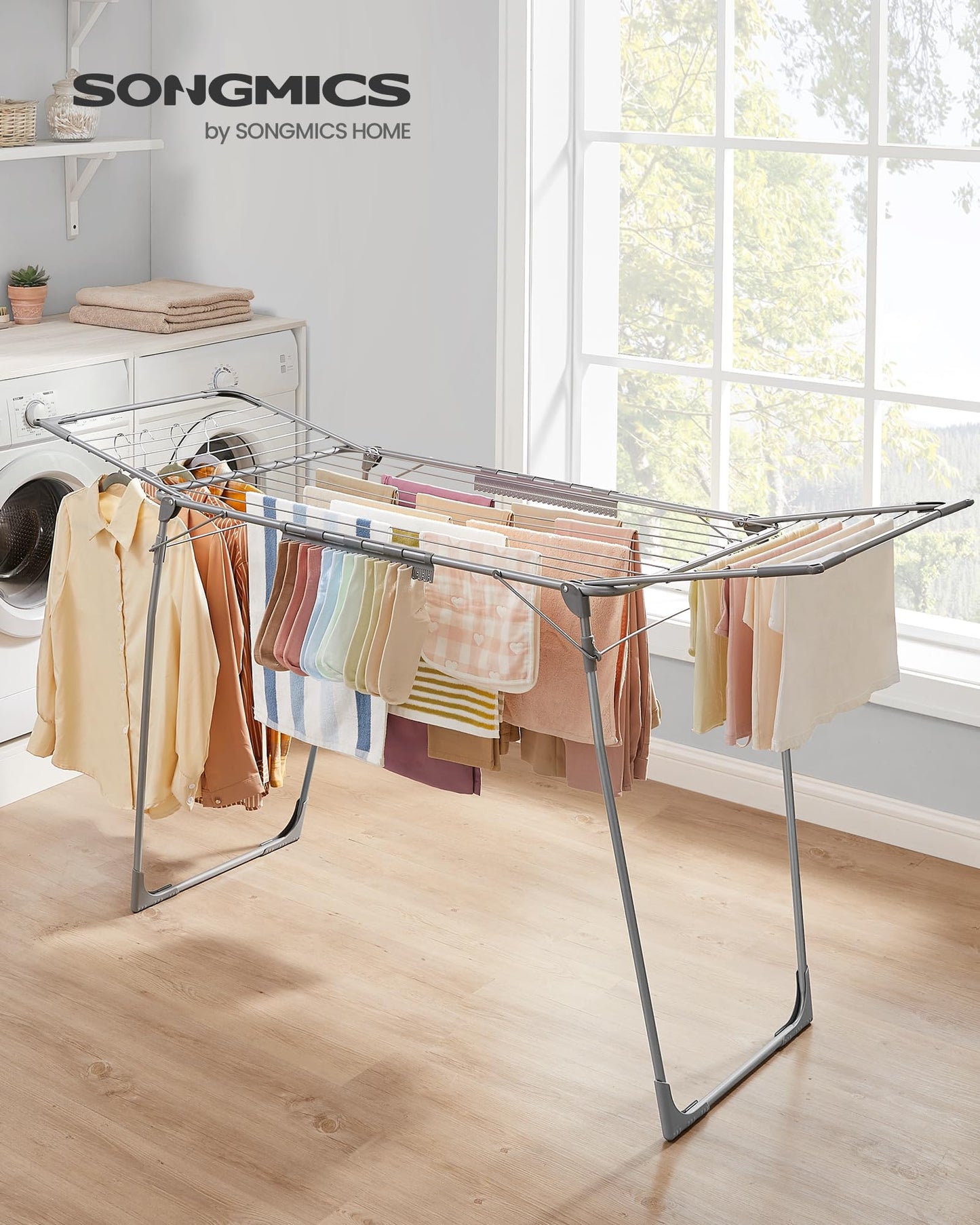 SONGMICS clothes airer, stand dryer 52.5 x 173 x 96.5 cm, wing clothes airer, wing clothes dryer, space-saving, with sock holder, metal, for clothes, towels, laundry, gray LLR518G01