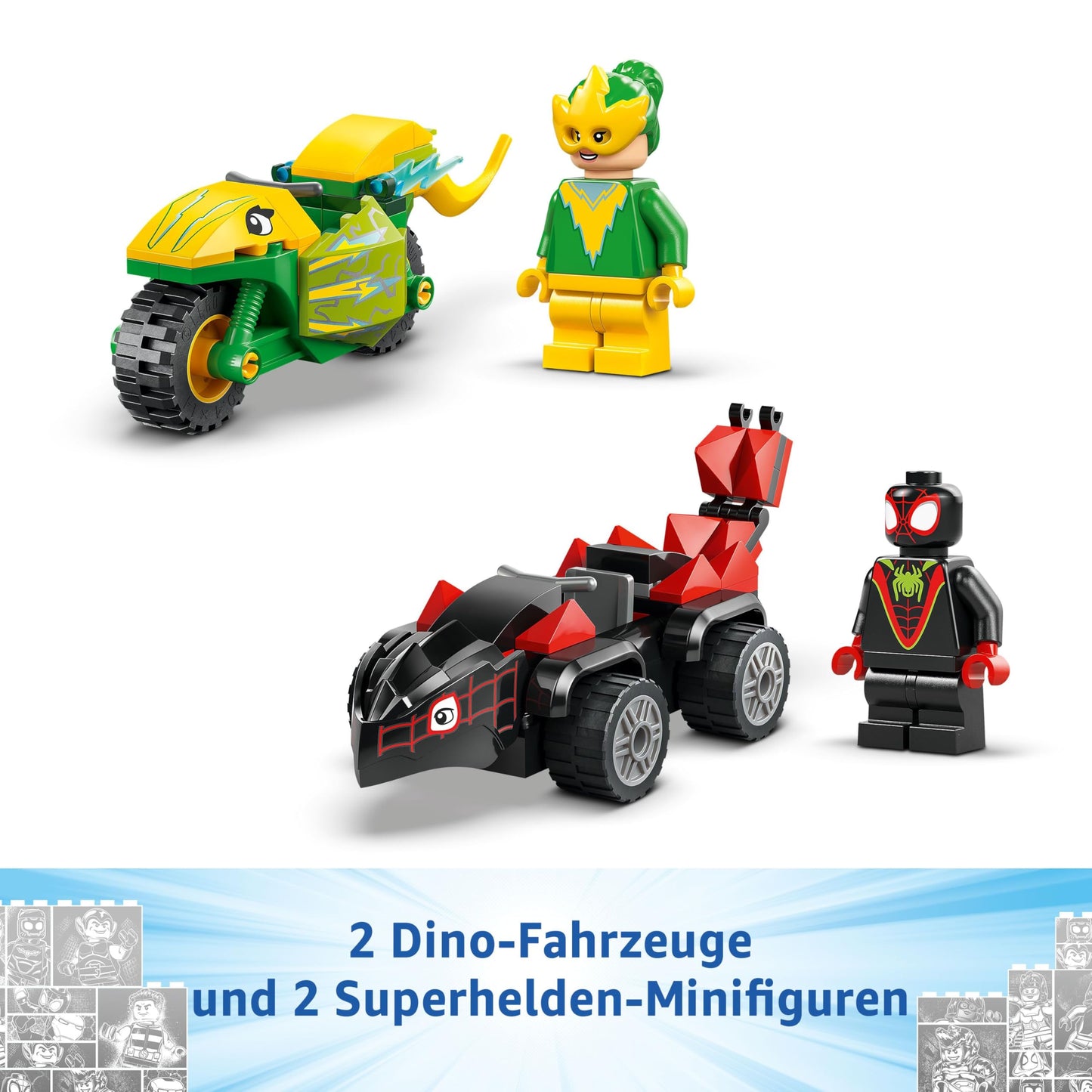 LEGO Marvel action fun with Spin and Electro in their dinosaur speedsters, buildable superhero car for boys and girls aged 4 and up, hero set with toy car, Spidey and his super friends 11198