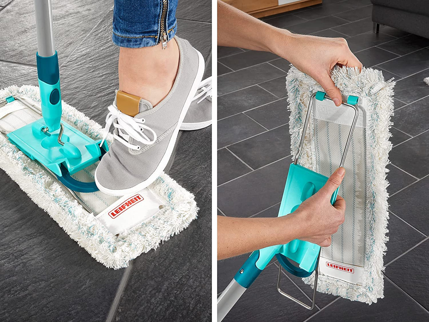 Leifheit back-friendly floor mop Profi XL Cotton Plus, steel handle 146cm, mop with foot click, for tiled and stone floors, 360° swivel joint, click system, environmentally friendly cardboard - 55456