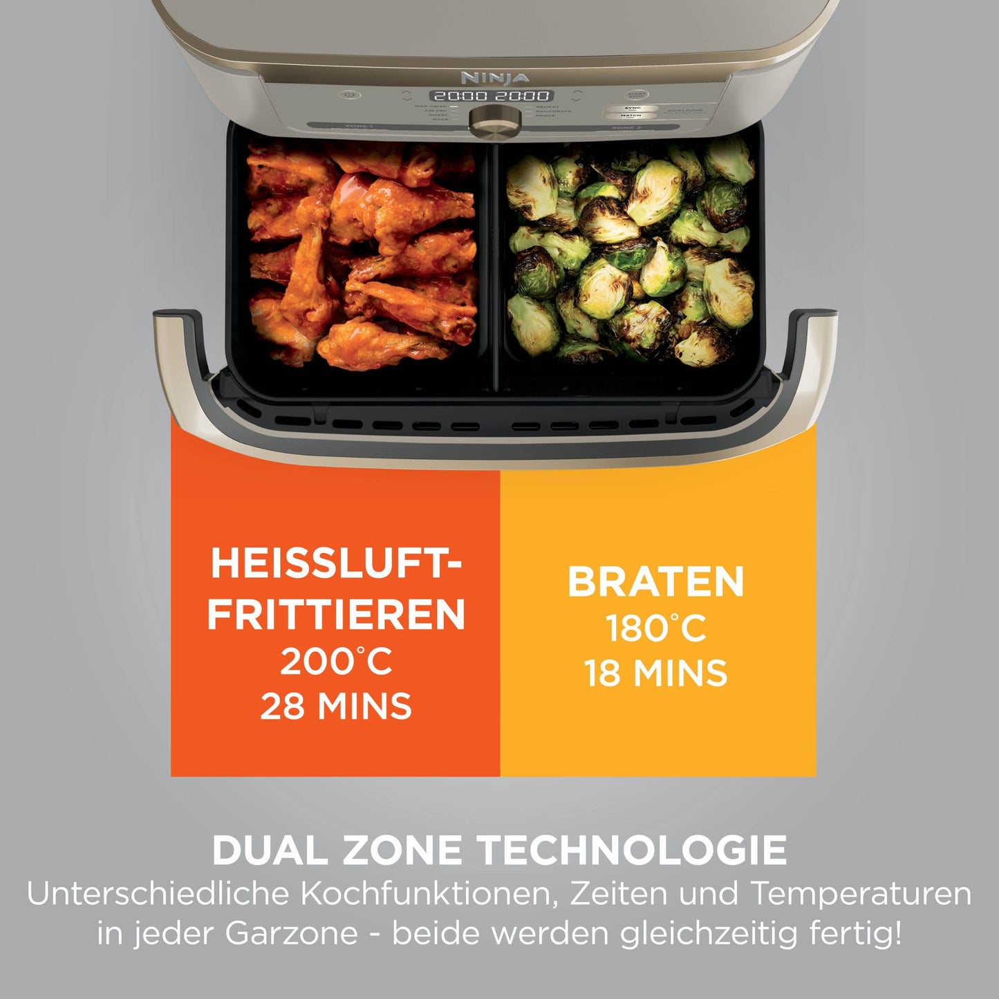 Ninja Foodi FlexDrawer Air Fryer, Dual Zone, Converts to MegaZone, 10.4L, Dual Zone, with Little to No Oil, Non-Stick, Dishwasher Safe Parts, Stone Gold AF500EUSD