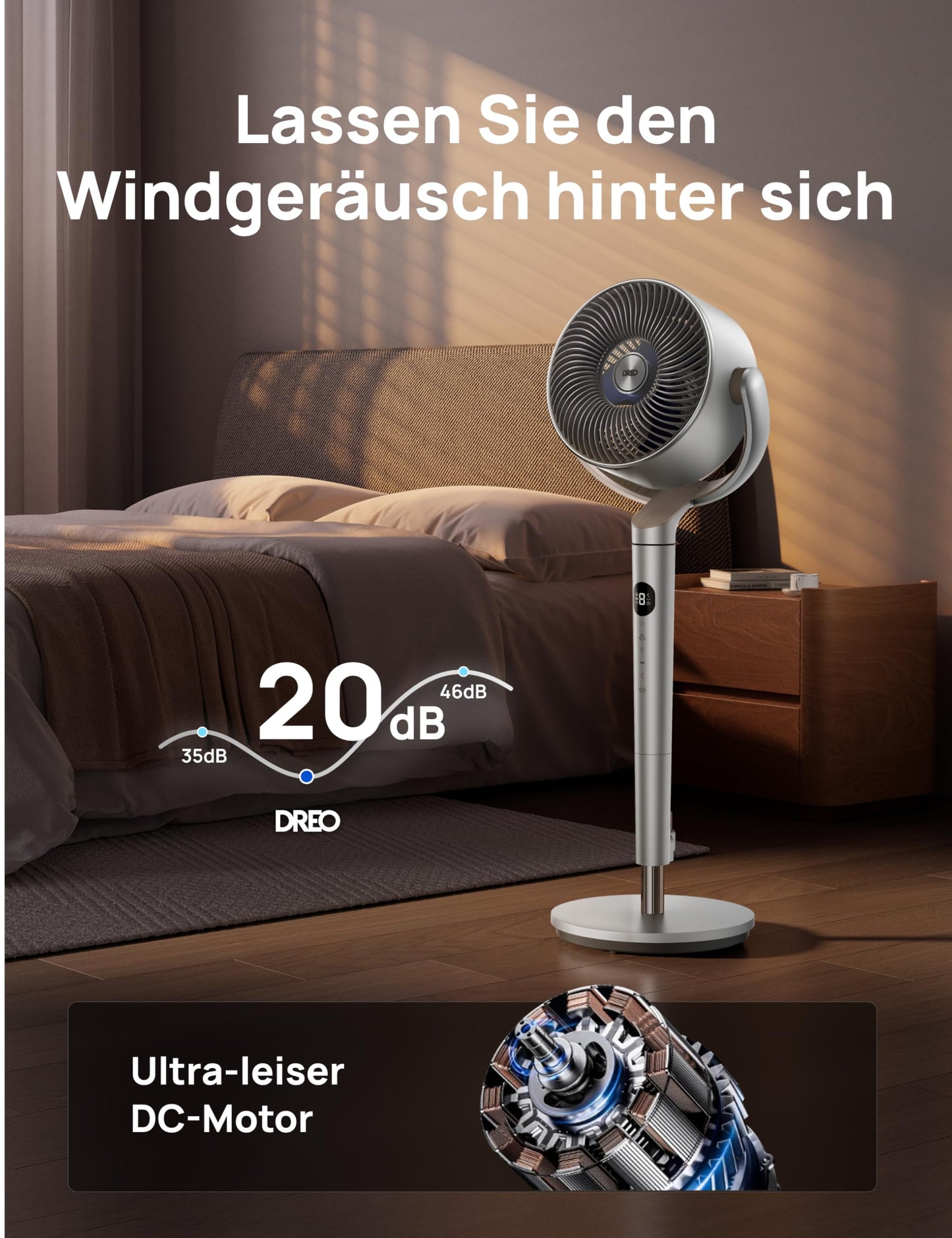 DREO Smart Pedestal Fan with RGB Light, 120° +120° Oscillating Fan with Remote Control, 20dB Quiet Floor Fan for Bedroom, 8H Timer, Silver - DR-HPF008S