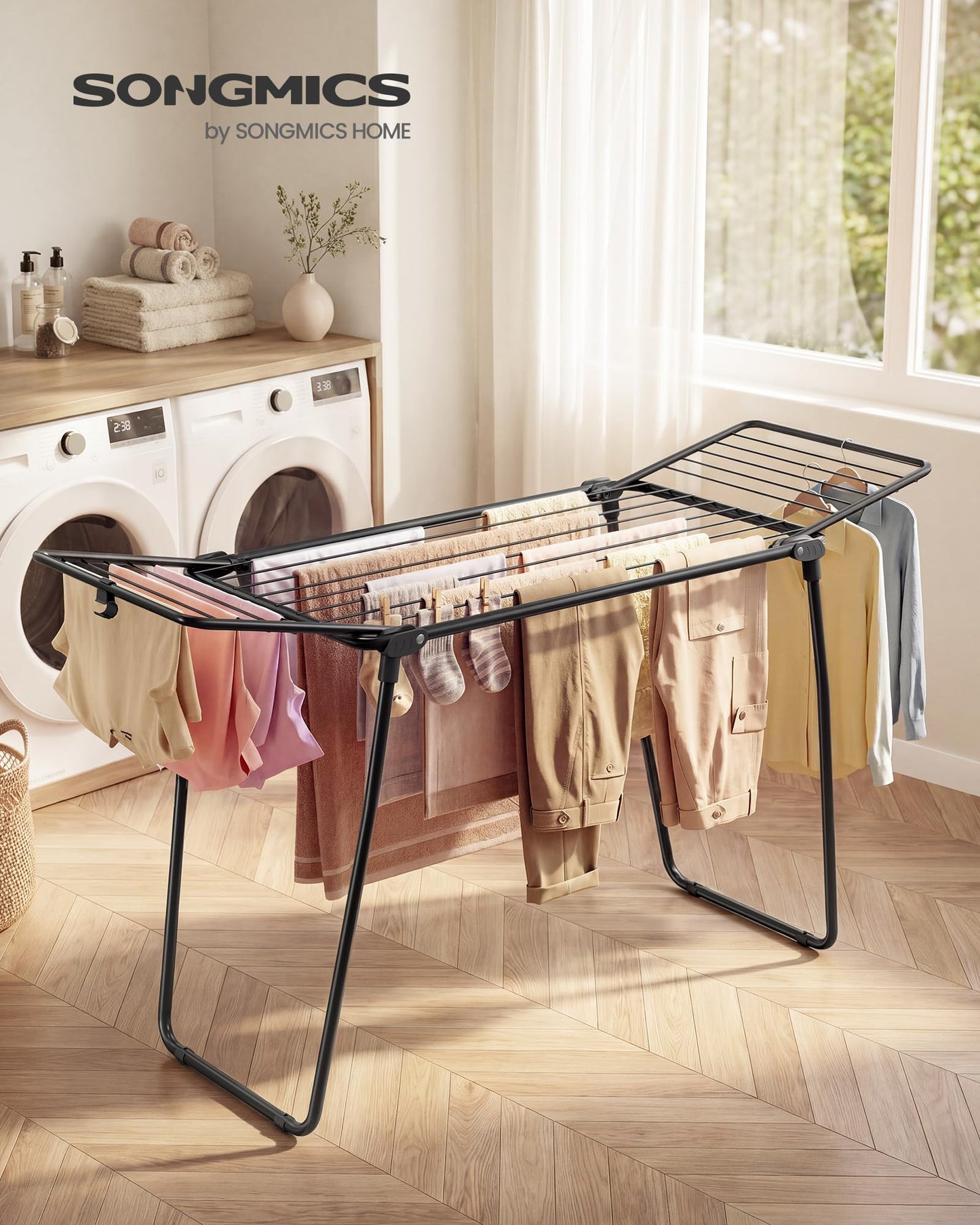 SONGMICS clothes airer, stand dryer 47 x 150 x 91 cm, wing clothes airer, wing clothes dryer, space-saving, metal, for clothes, towels, ink black LLR520BH01