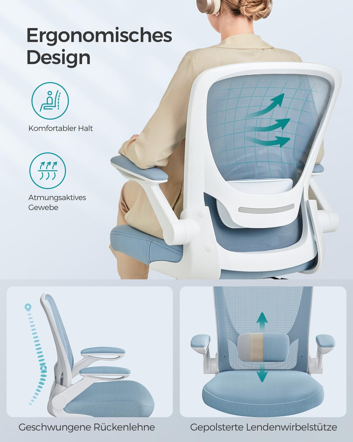 SONGMICS ergonomic office chair, swivel chair with mesh, lumbar support, rocker function, 53 cm seat, folding armrests, study and bedroom, students, fog blue OBN037Q01