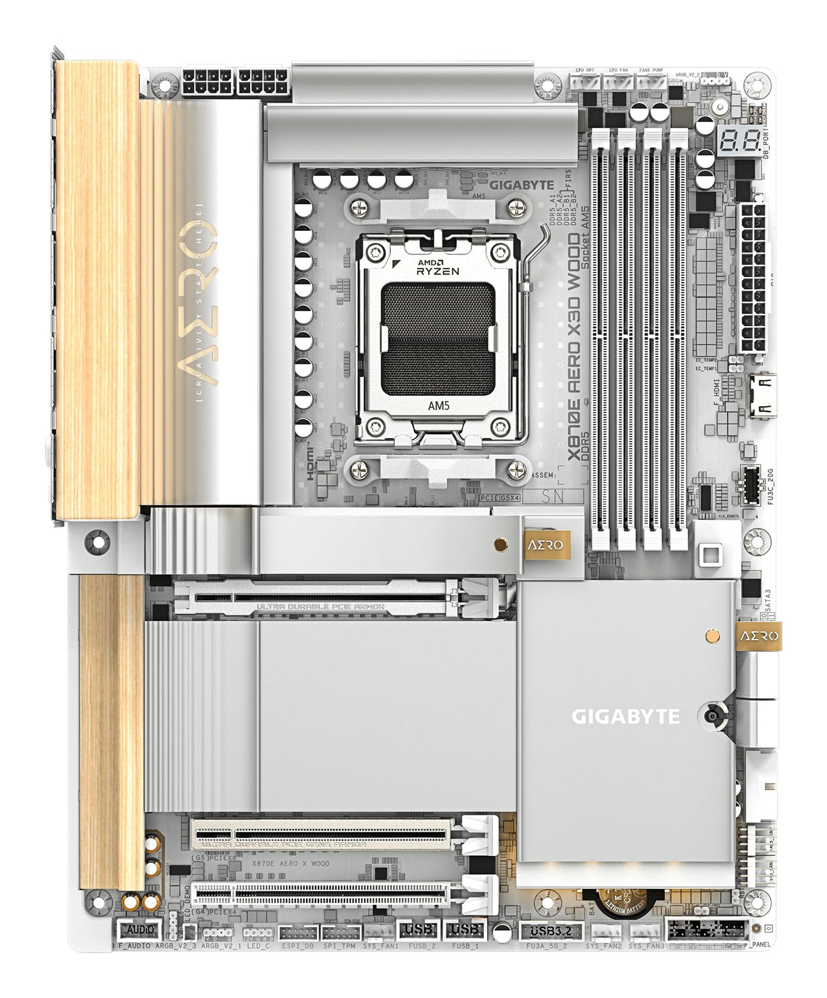 GIGABYTE X870E AERO X3D Wood Mainboard - Supports AMD Ryzen 9000 CPUs, digital 16+2+2 phase VRM, up to 9000Hz DDR5 (O.C.), 2xPCIe 5.0 + 2xPCIe 4.0, Wi-Fi 7, 5GbE LAN, USB 4