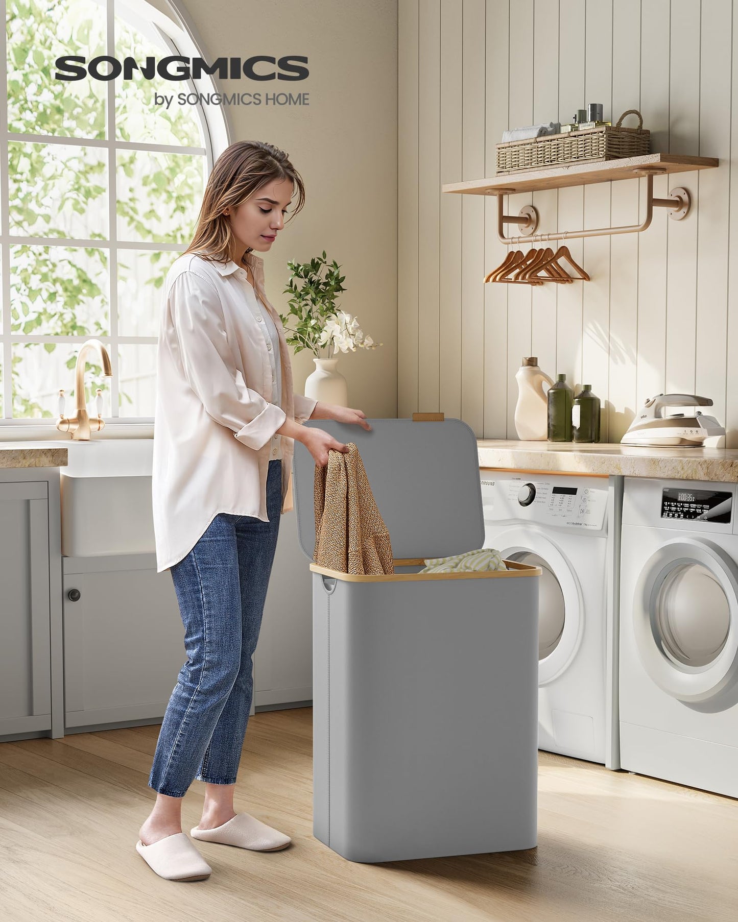 SONGMICS 130L Oxford Fabric Laundry Basket with Lid with 2 Compartments - LCB513G01V1