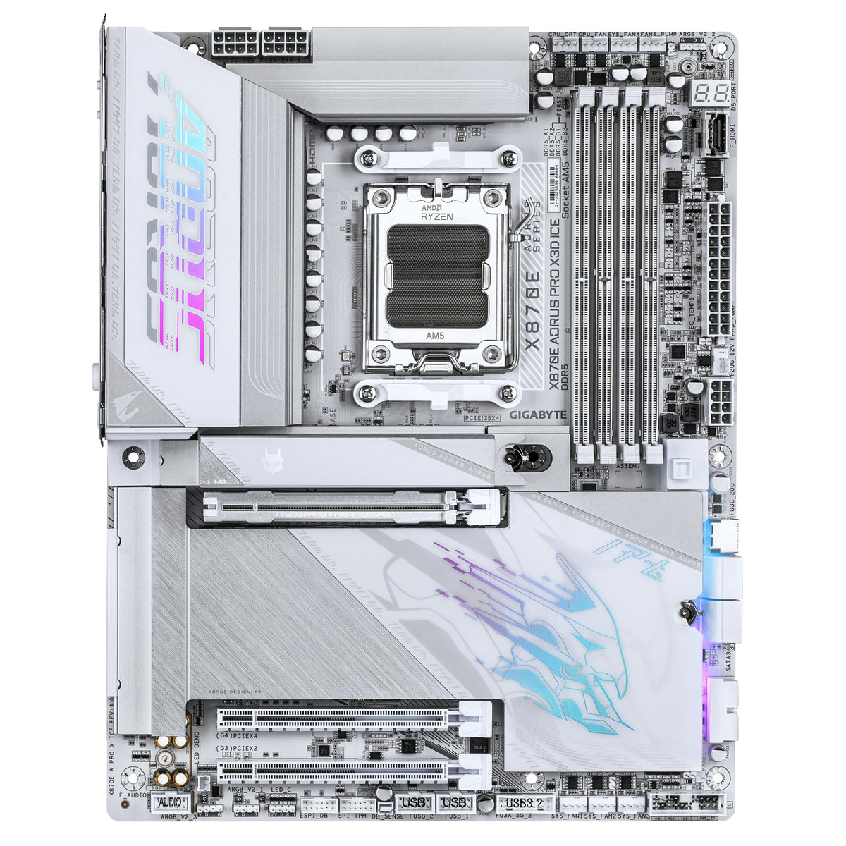 GIGABYTE X870E AORUS PRO X3D Ice Mainboard – Supports AMD Ryzen 9000 processors, 18+2+2-phase digital VRM, up to 9000 Hz DDR5 (OC), 2 x PCIe 5.0 + 2 x PCIe 4.0, Wi-Fi 7, 5 GbE LAN, USB 4