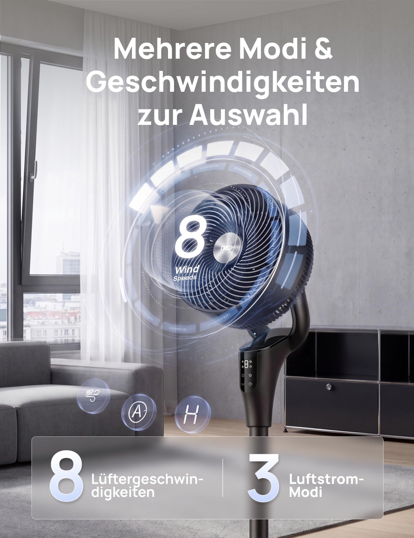 DREO Quiet Stand Fan for Bedroom [Improved], 27m Airflow, Quiet, 90° Oscillating, DC Motor, 8 Speeds, 3 Modes, 96-106cm Height Adjustable, 8H Timer, 105° Manual Tilt - DR-HPF013