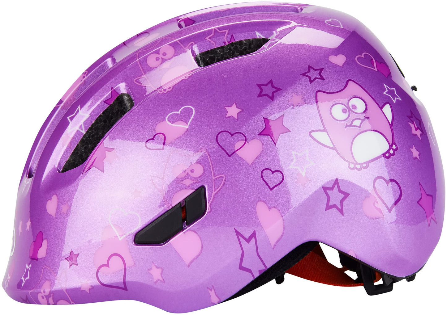ABUS children's helmet Smiley 3.0 - bicycle helmet with a deep fit, child-friendly designs & space for a braid - for girls and boys - purple with owl pattern, size M - 67260
