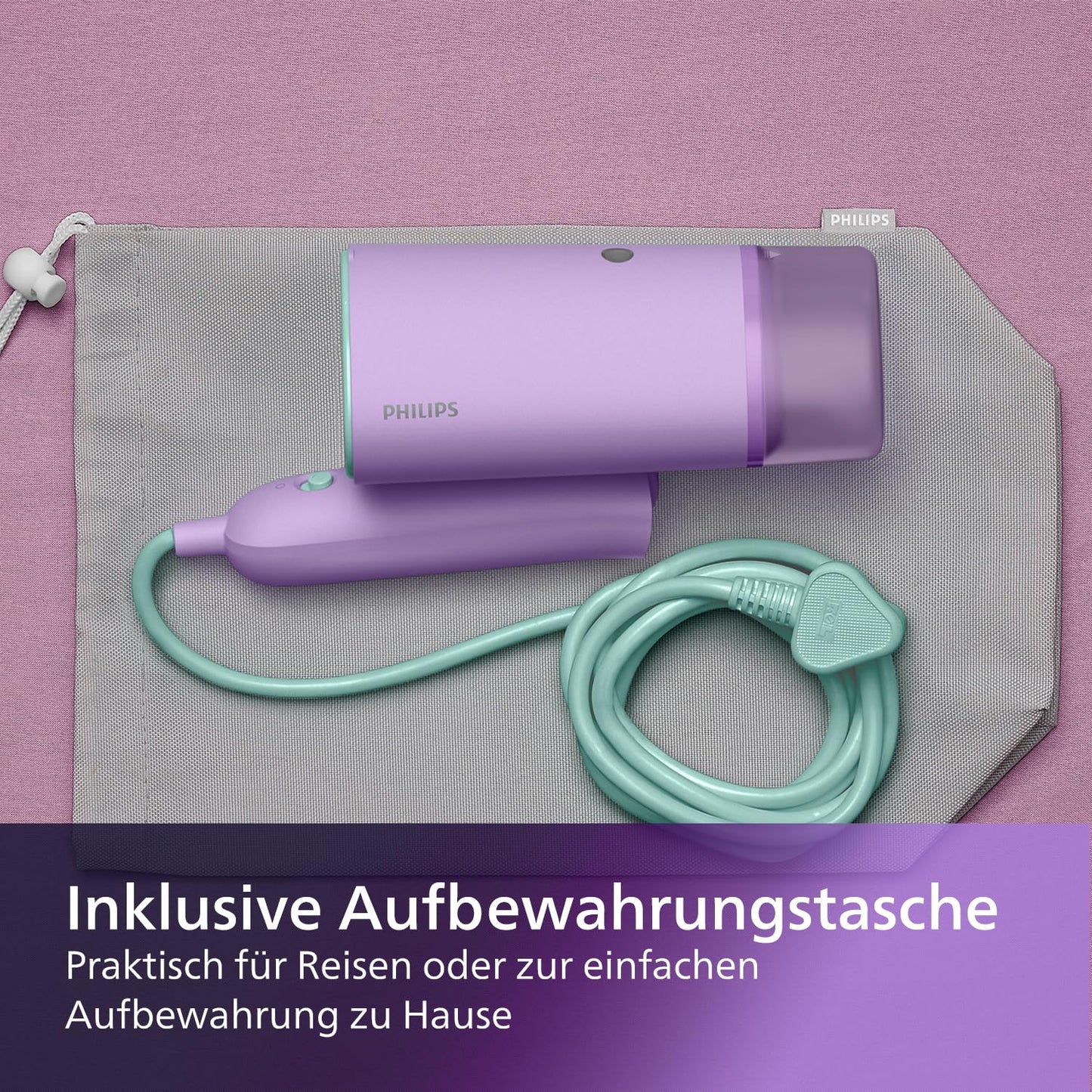 Philips 3000 Series Portable Steamer - 1000W, Steam Output 20g/min, 100ml Water Tank, No Ironing Board Required, Includes Storage Bag, 630g Light Weight, Purple (STH3010/30)