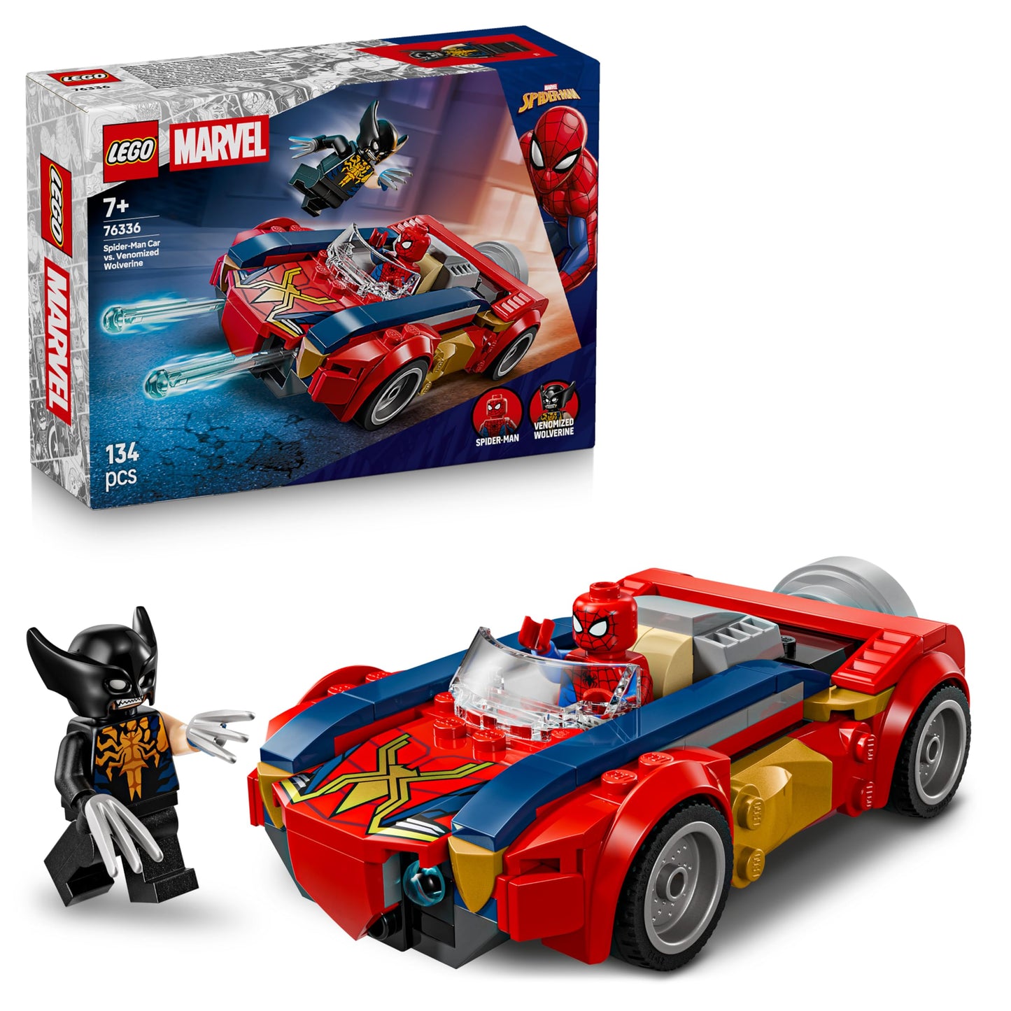 LEGO | Marvel Spider-Man Car vs. Venomized Wolverine - Superhero toy with toy car - Construction toy with 2 minifigures and 2 shooters - Gift for boys aged 7 and up - 76336