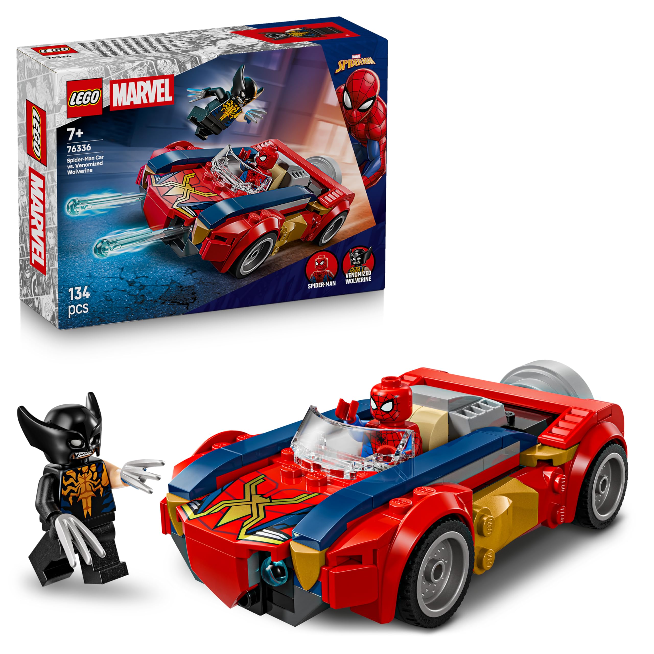 LEGO | Marvel Spider-Man Car vs. Venomized Wolverine - Superhero toy with toy car - Construction toy with 2 minifigures and 2 shooters - Gift for boys aged 7 and up - 76336