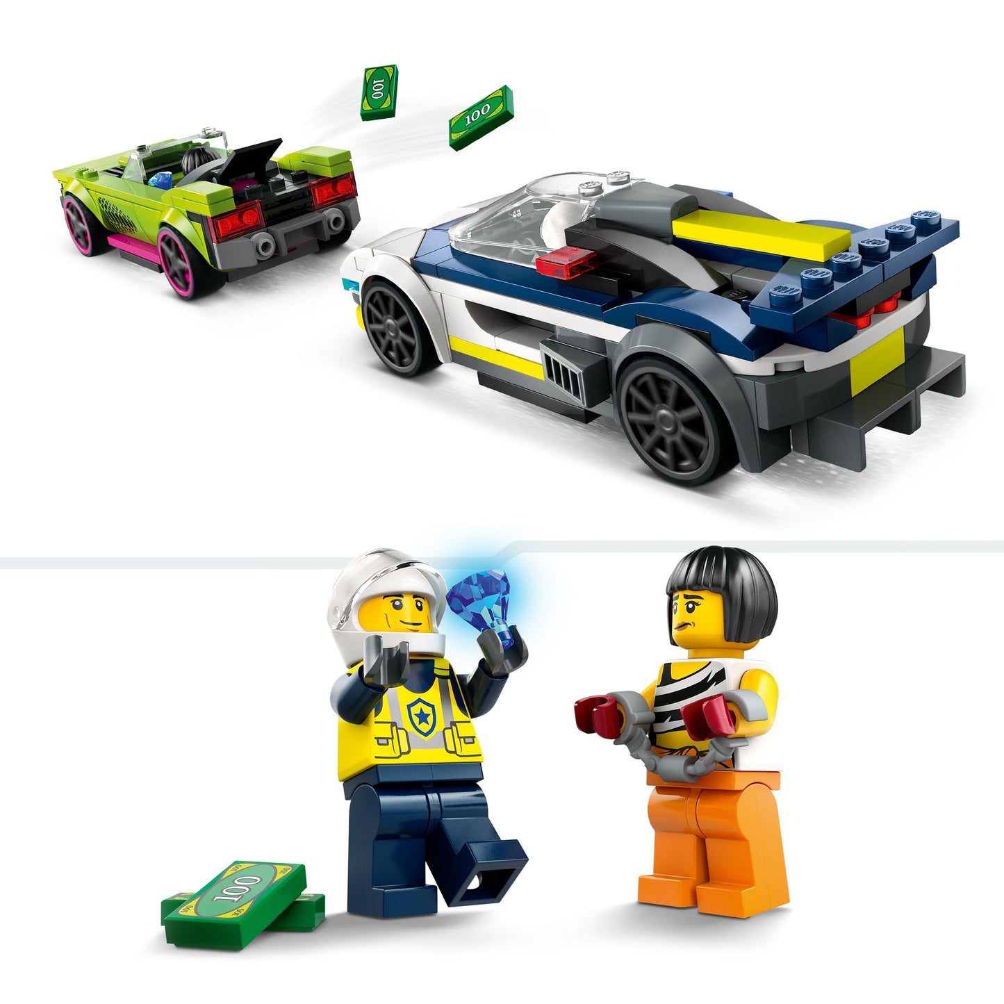LEGO City chase with police car and muscle car, car toy train with 2 racing cars, police gift for children, boys and girls aged 6 and over, set with policeman and crook minifigures 60415