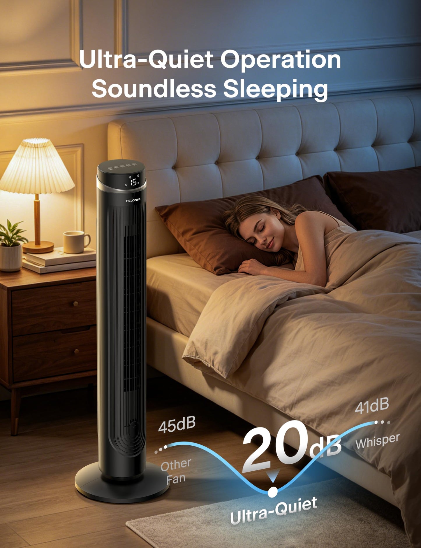 Pelonis pedestal fan with DC motor, 12 speeds, 90° oscillation, AI temperature mode, 24h timer, touch control & remote control - quiet & energy saving for home & office - PFT125ARCPKDE