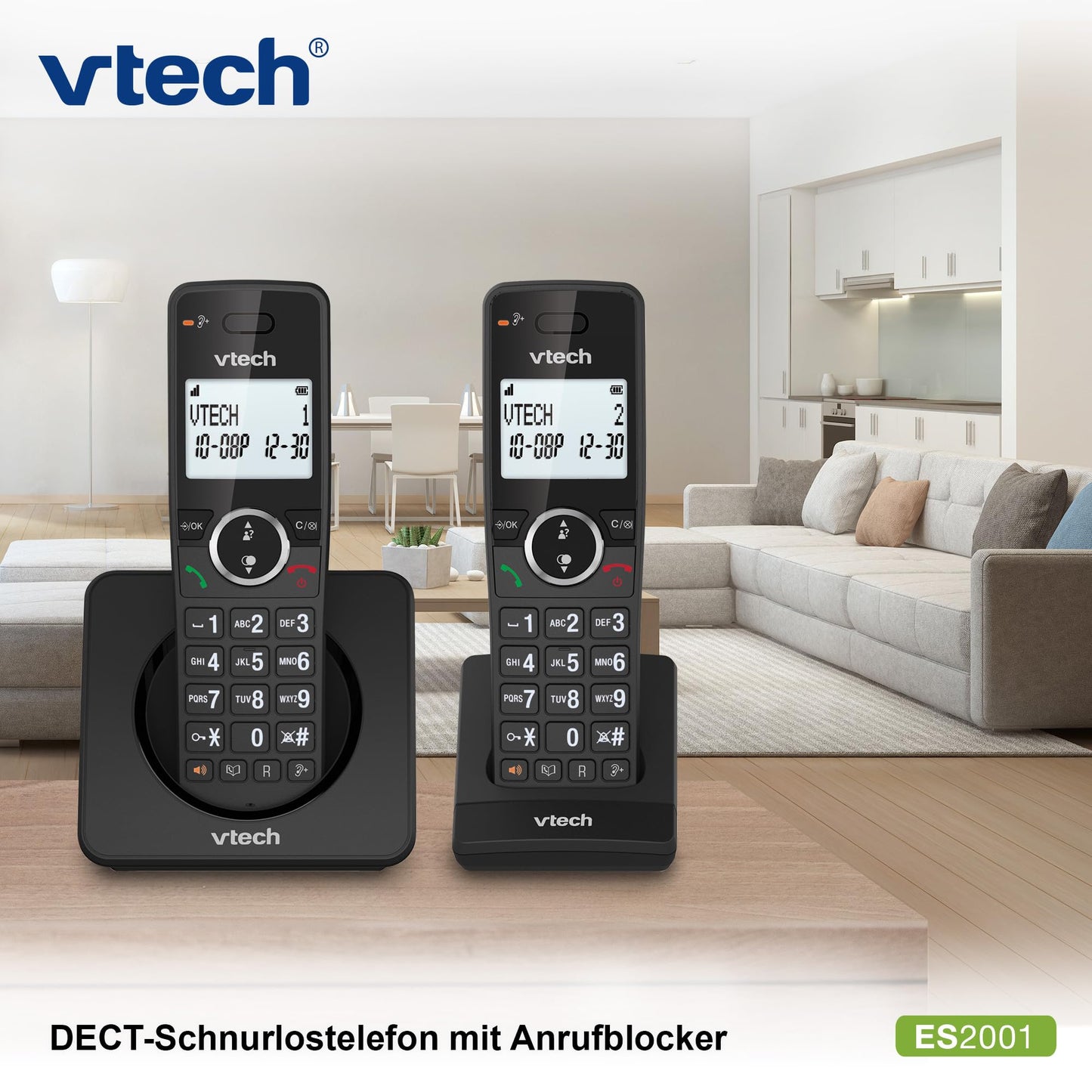 VTech ES2001 DECT Telephone Cordless 2 handsets with call barring, volume control, caller ID/call waiting, 18 hours talk time, speed dial, backlit display & keypad, ECO mode