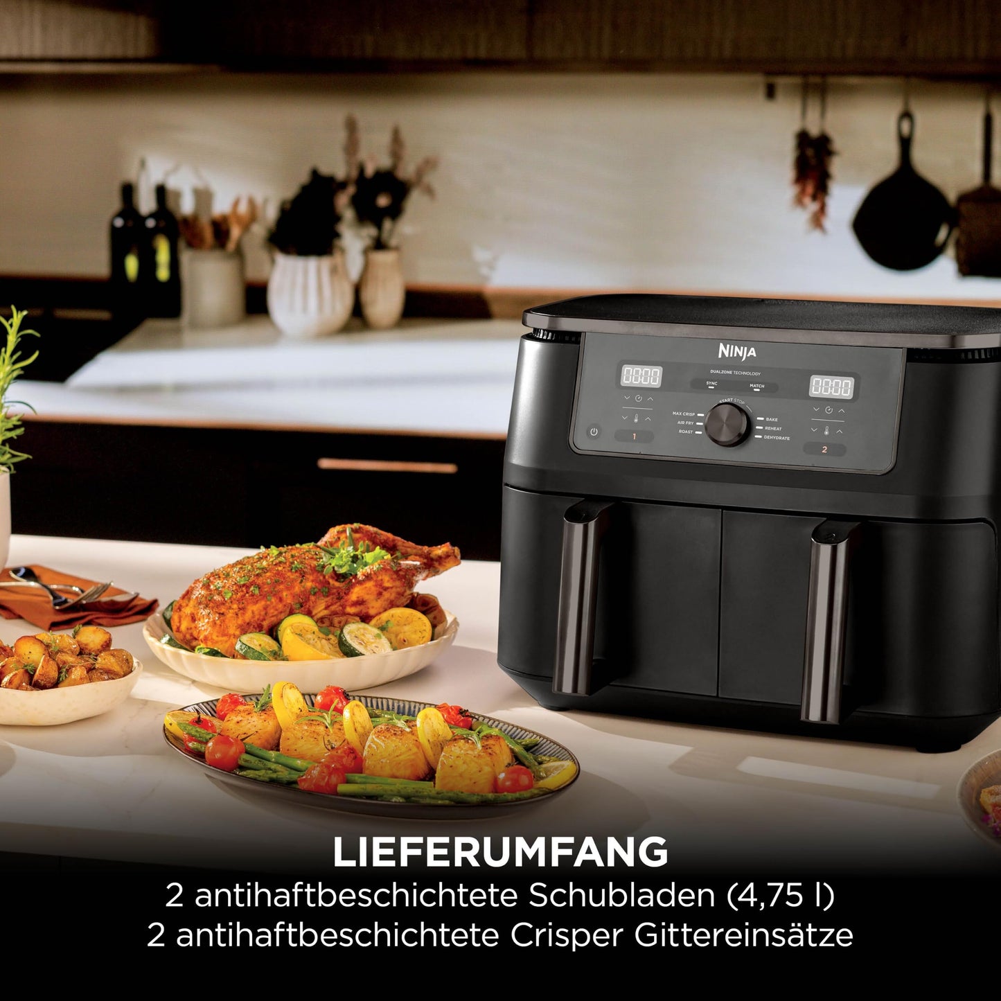 Ninja Air Fryer MAX Dual Zone, 2 Drawer, 9.5L, 6-in-1, Cooking without Oil, Air Fry, Max Crisp, Roasting, Baking, Reheating, Dehydrating, Dishwasher Safe Non-Stick Baskets, Onyx Black DZ400EUBK