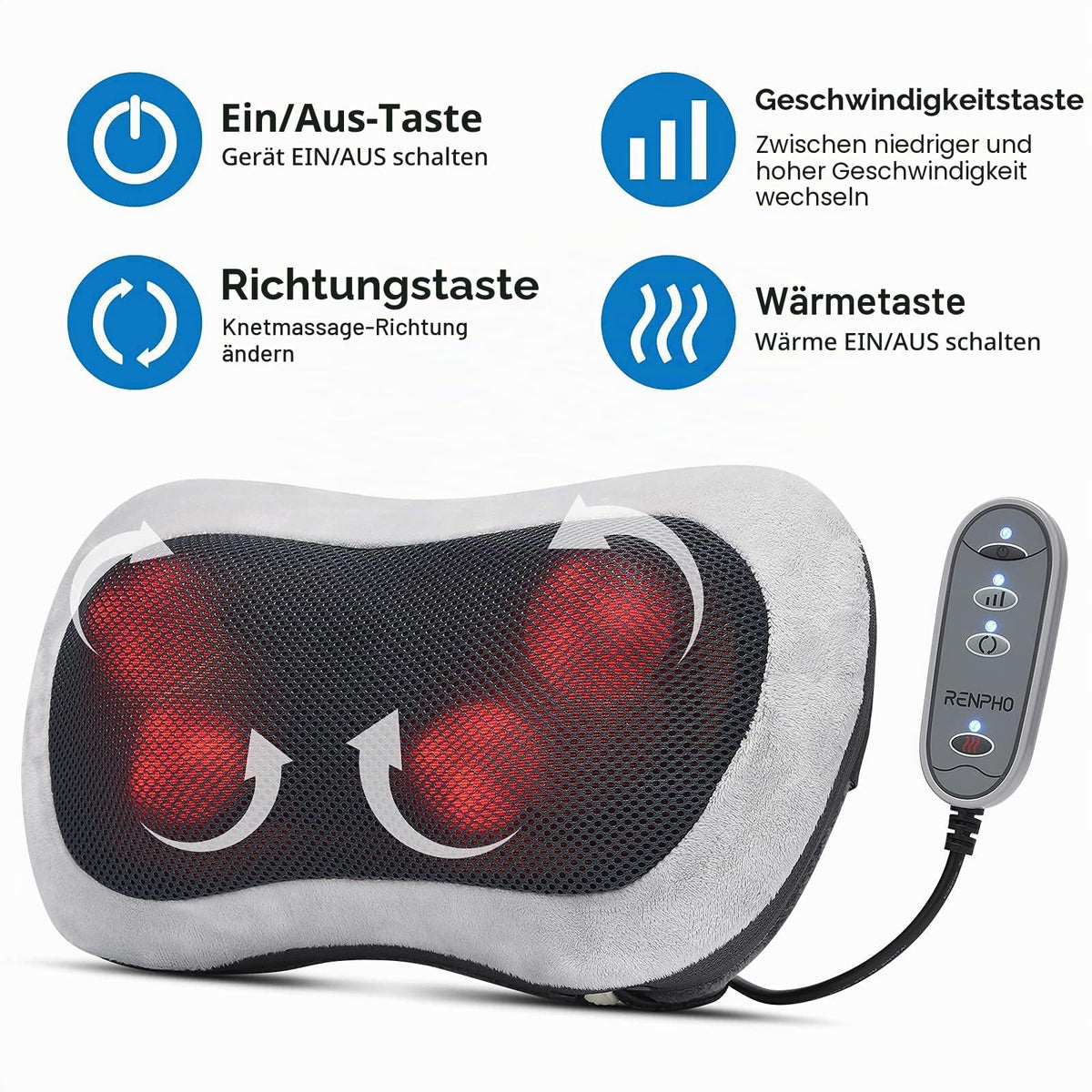 RENPHO Massage Pillow for Back, Neck, Shoulder, Shiatsu Massager - RP-NM068